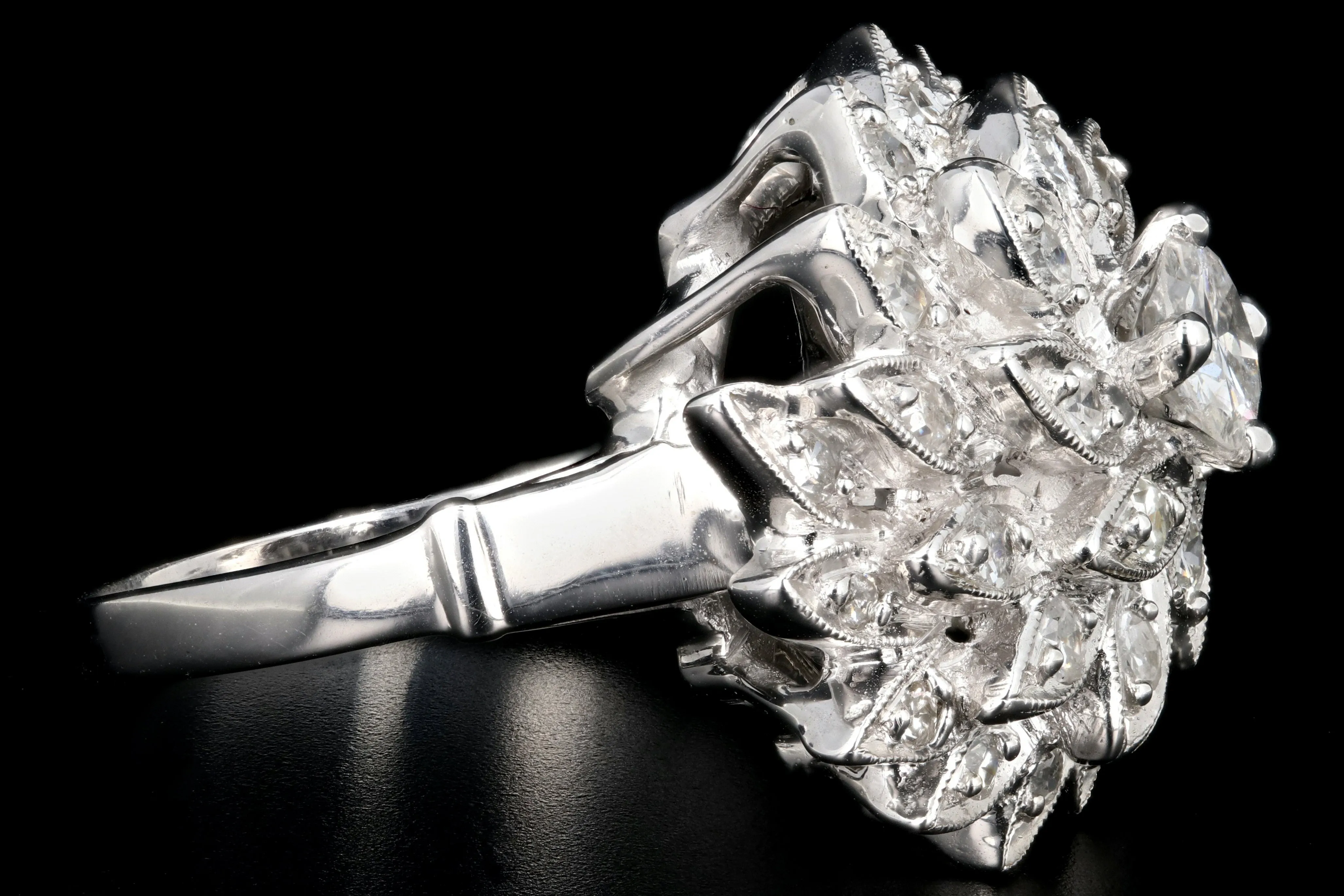 Retro 14K White Gold Diamond Cocktail Sunburst Cluster Ring c.1960's