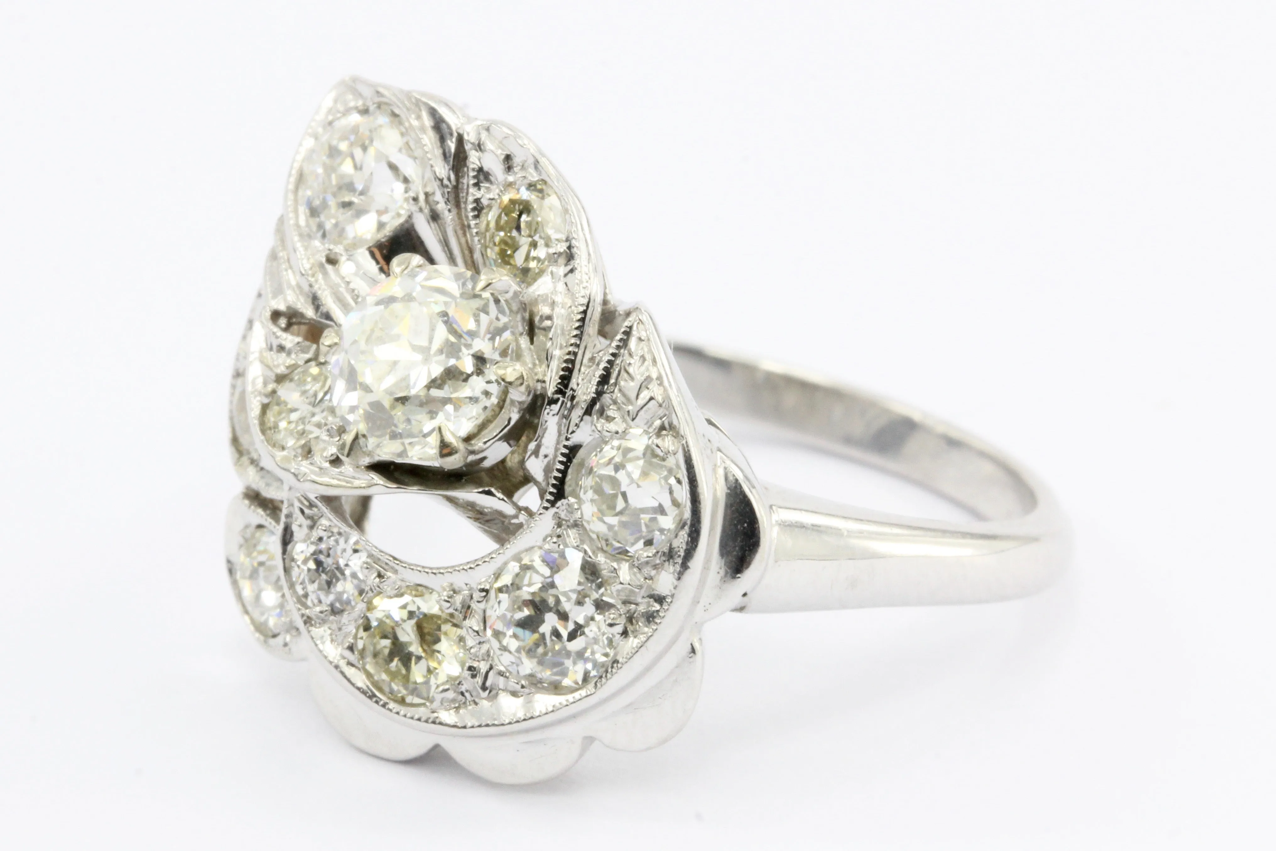 Retro 14K White Gold Old European Cut Diamond Cluster Ring C.1940's