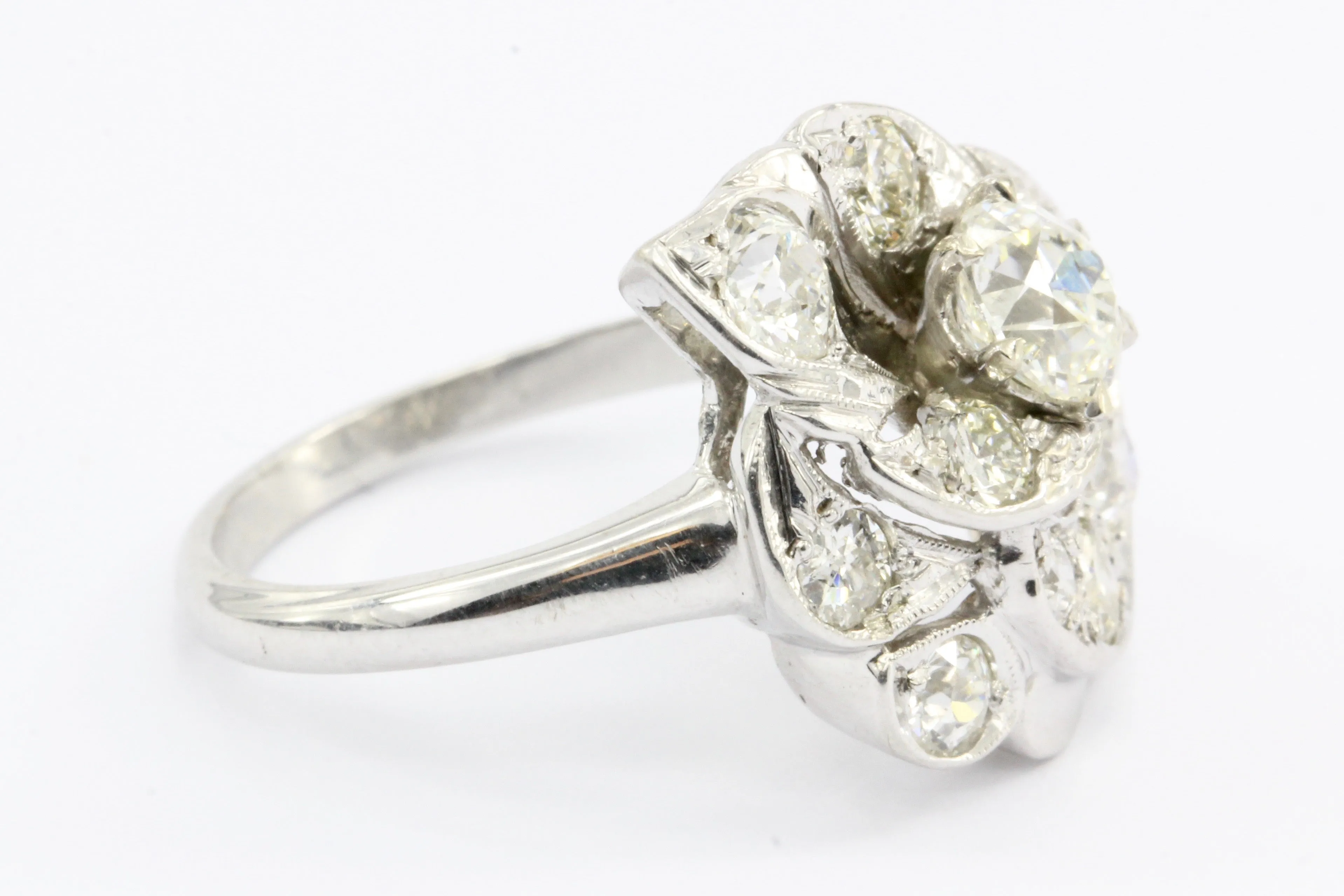 Retro 14K White Gold Old European Cut Diamond Cluster Ring C.1940's