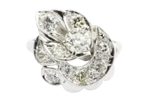 Retro 14K White Gold Old European Cut Diamond Cluster Ring C.1940's