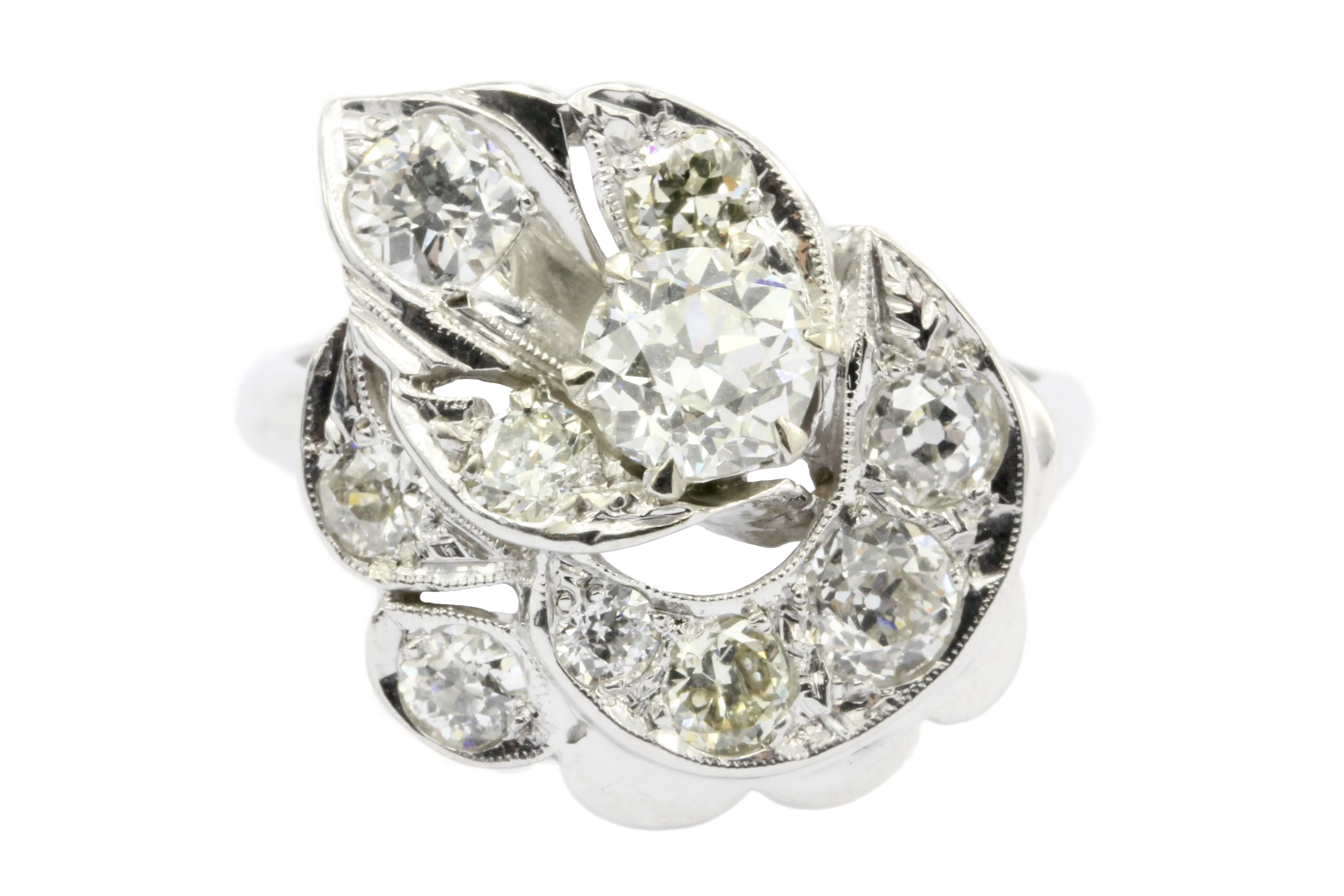 Retro 14K White Gold Old European Cut Diamond Cluster Ring C.1940's