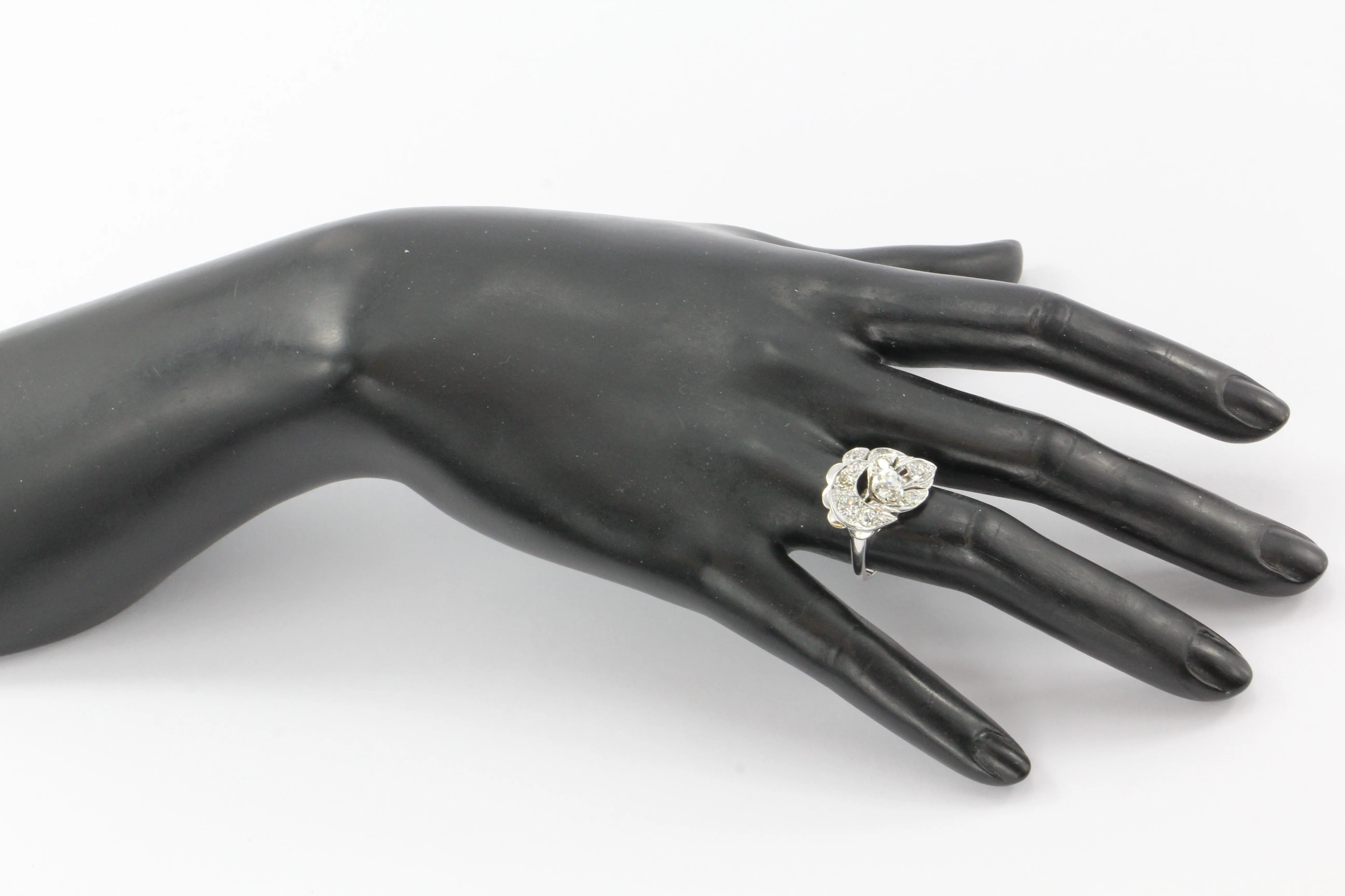 Retro 14K White Gold Old European Cut Diamond Cluster Ring C.1940's