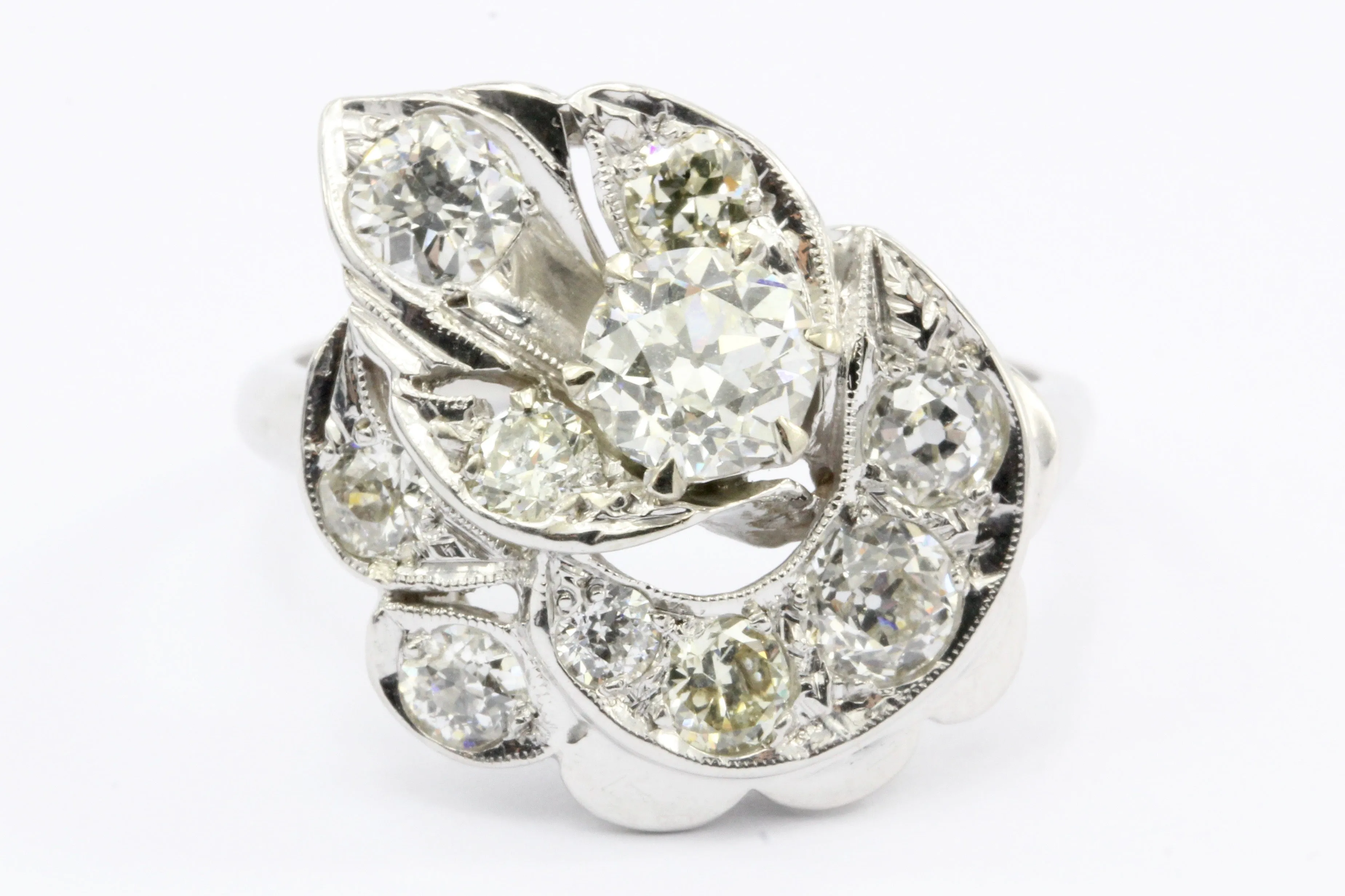 Retro 14K White Gold Old European Cut Diamond Cluster Ring C.1940's