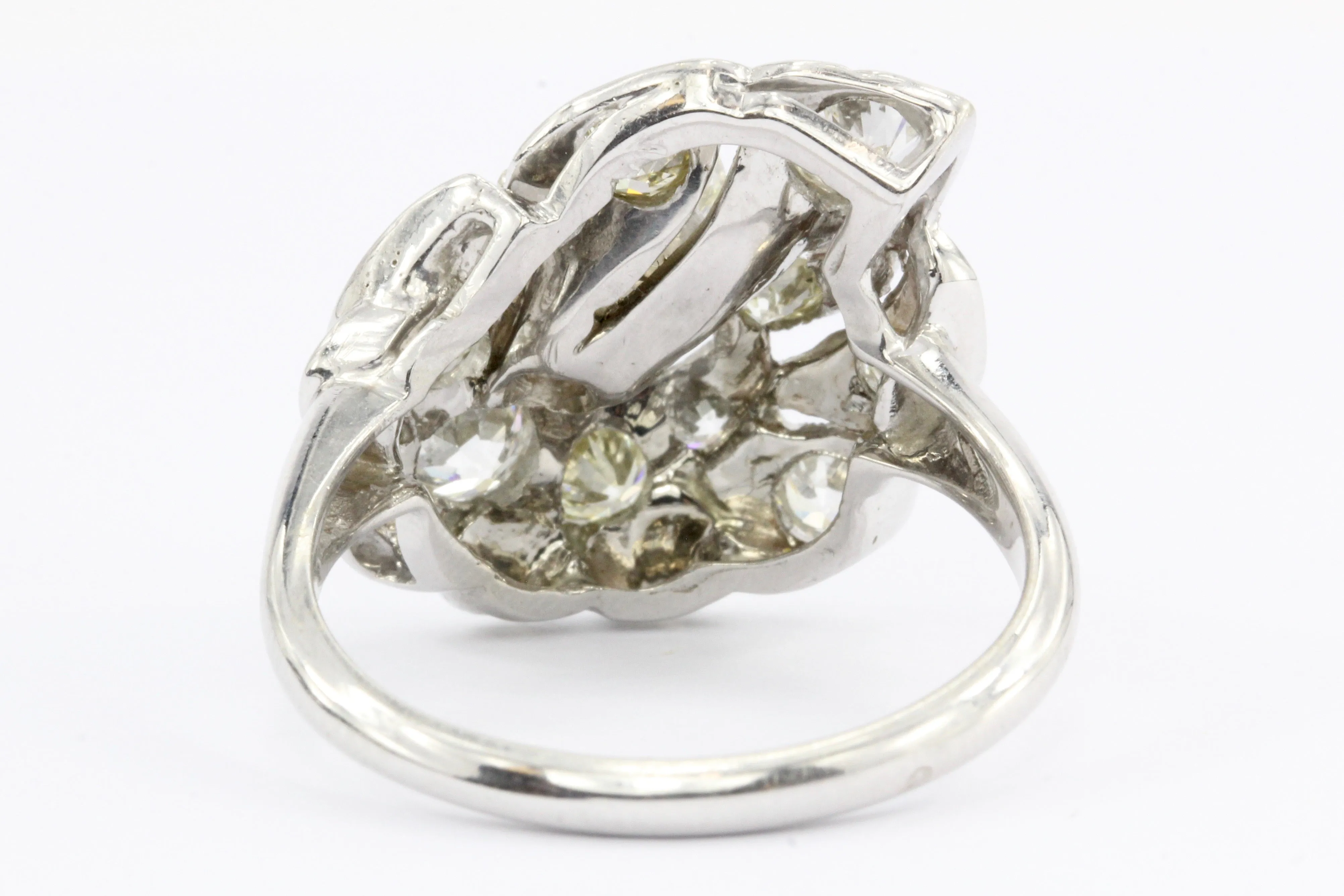 Retro 14K White Gold Old European Cut Diamond Cluster Ring C.1940's