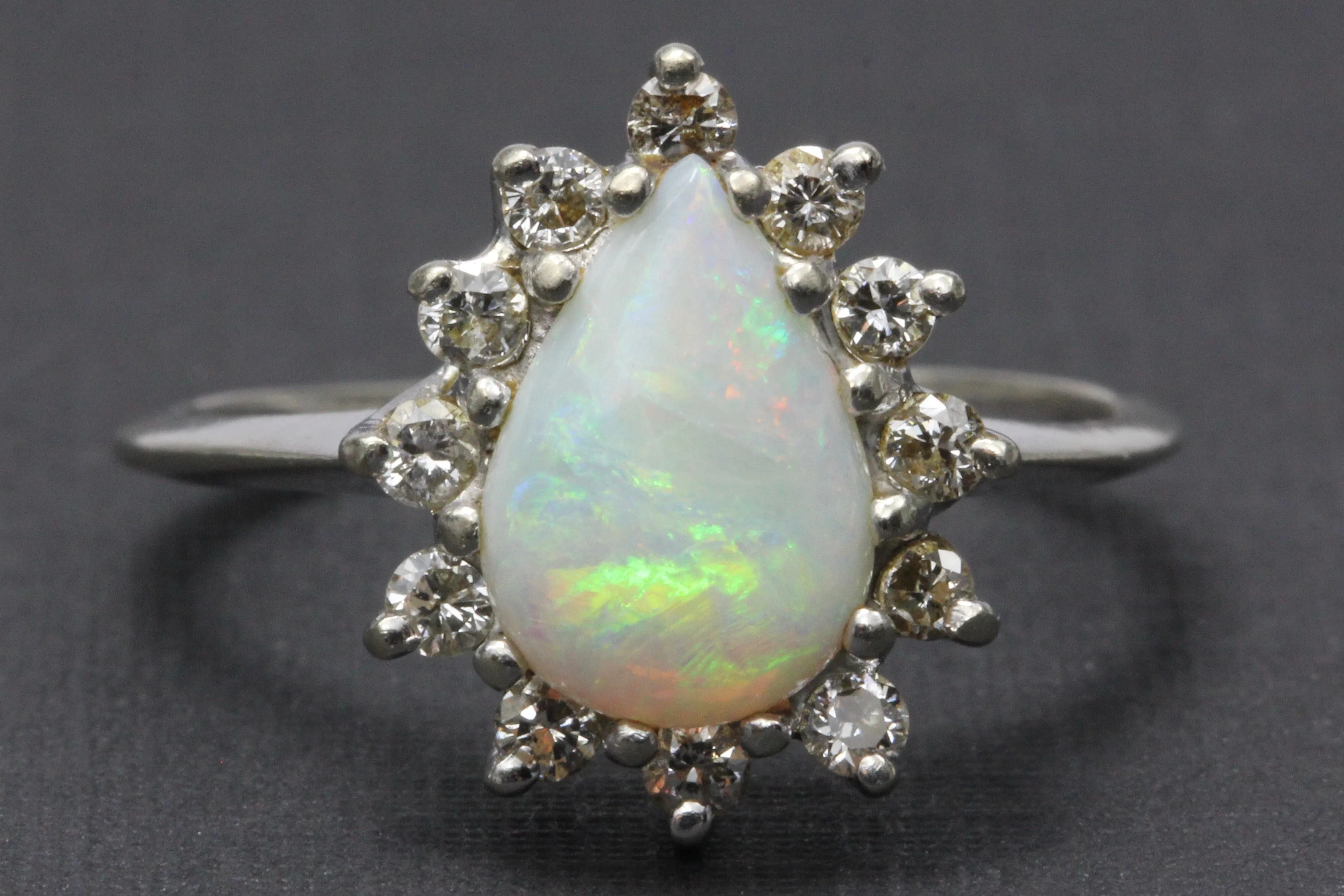 Retro 14K White Gold Opal Diamond Ring by Famor c.1960's
