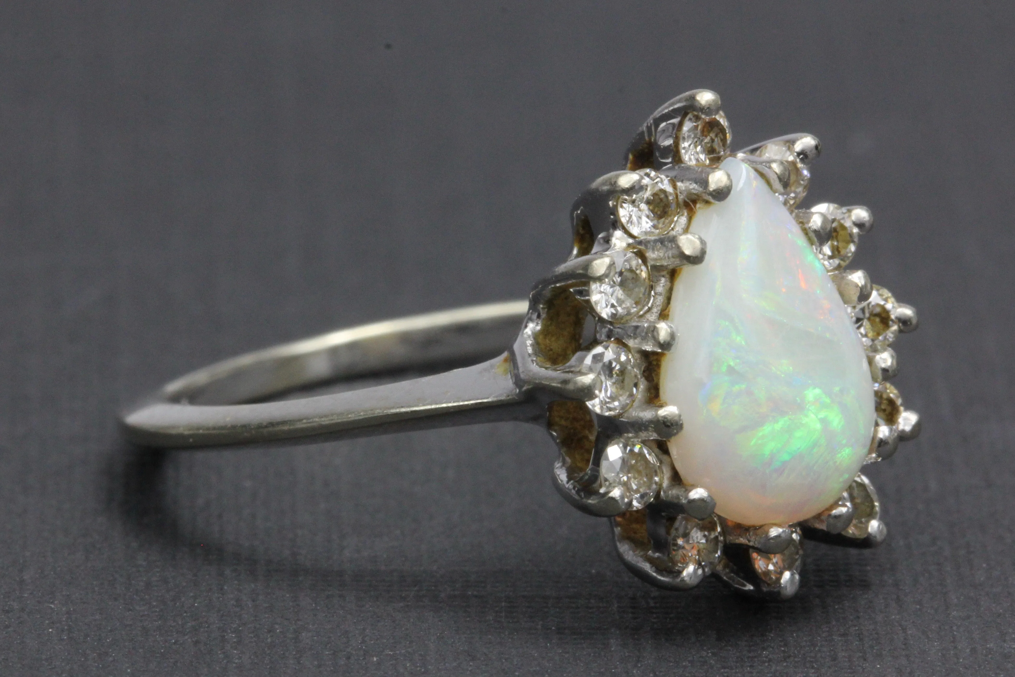 Retro 14K White Gold Opal Diamond Ring by Famor c.1960's