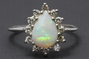 Retro 14K White Gold Opal Diamond Ring by Famor c.1960's