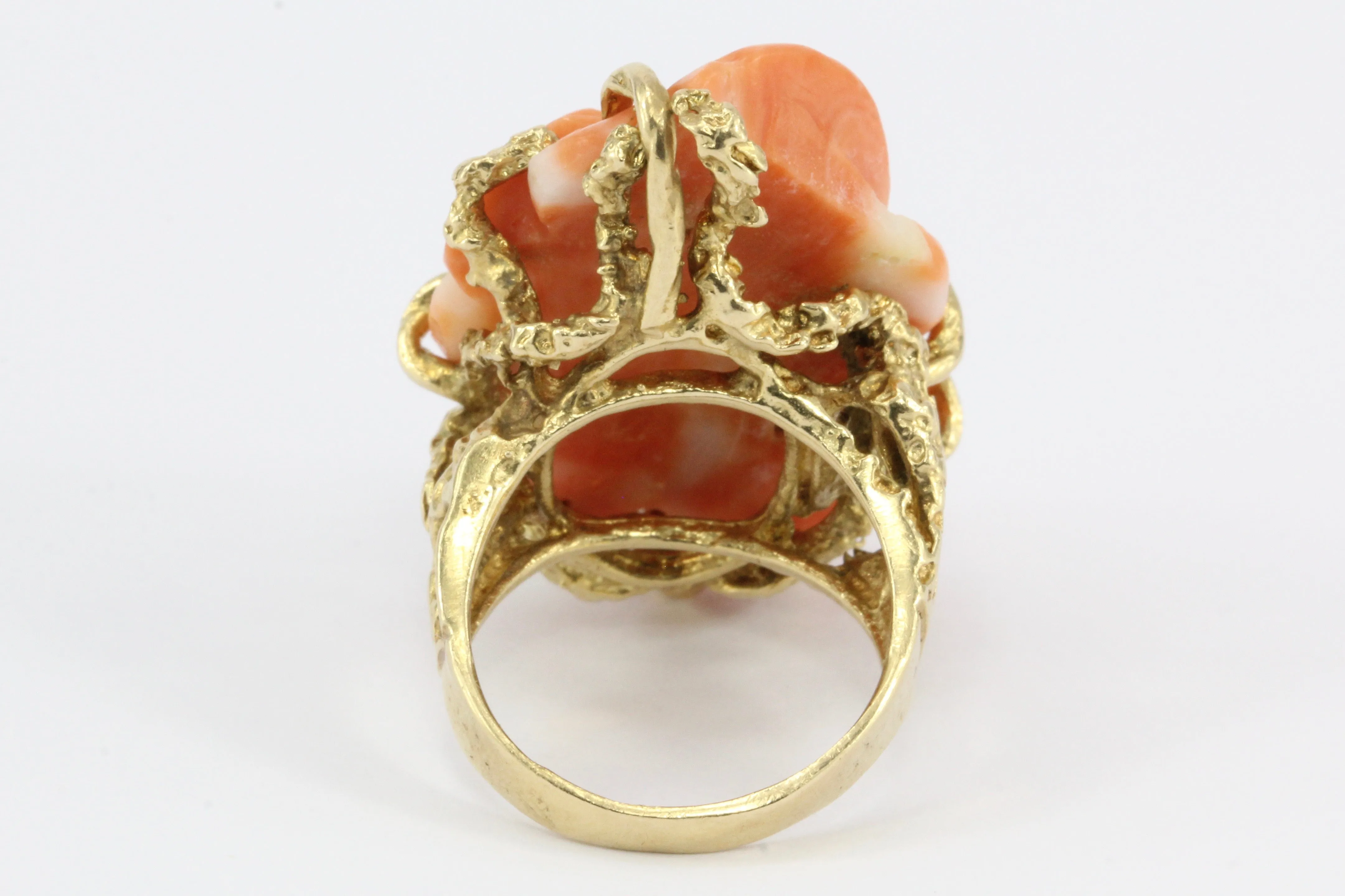 Retro 14K Yellow Gold Coral Carved Flower Cocktail Ring Size 7
