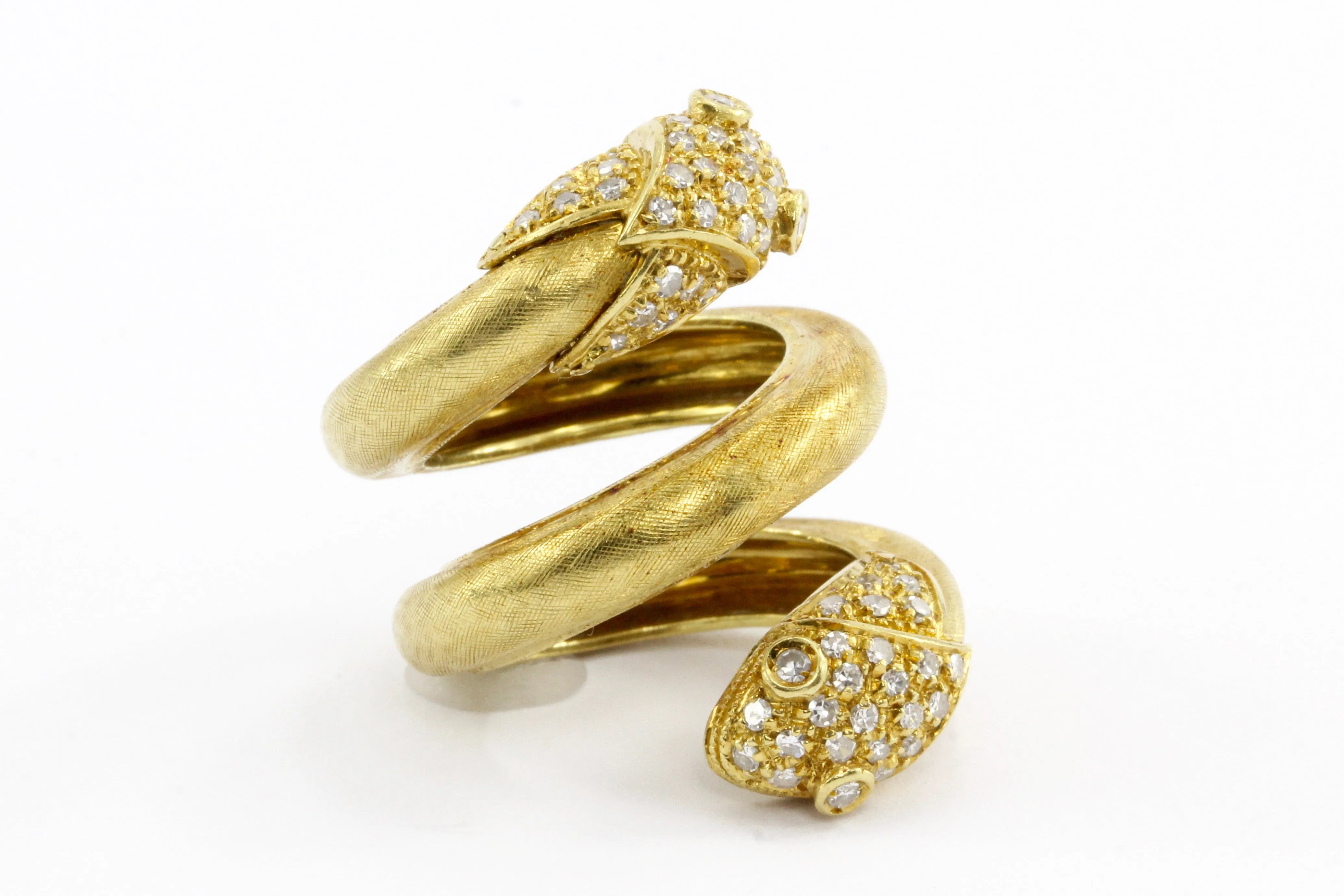 Retro 18K Gold & Diamond Double Headed Snake Ring c.1970's