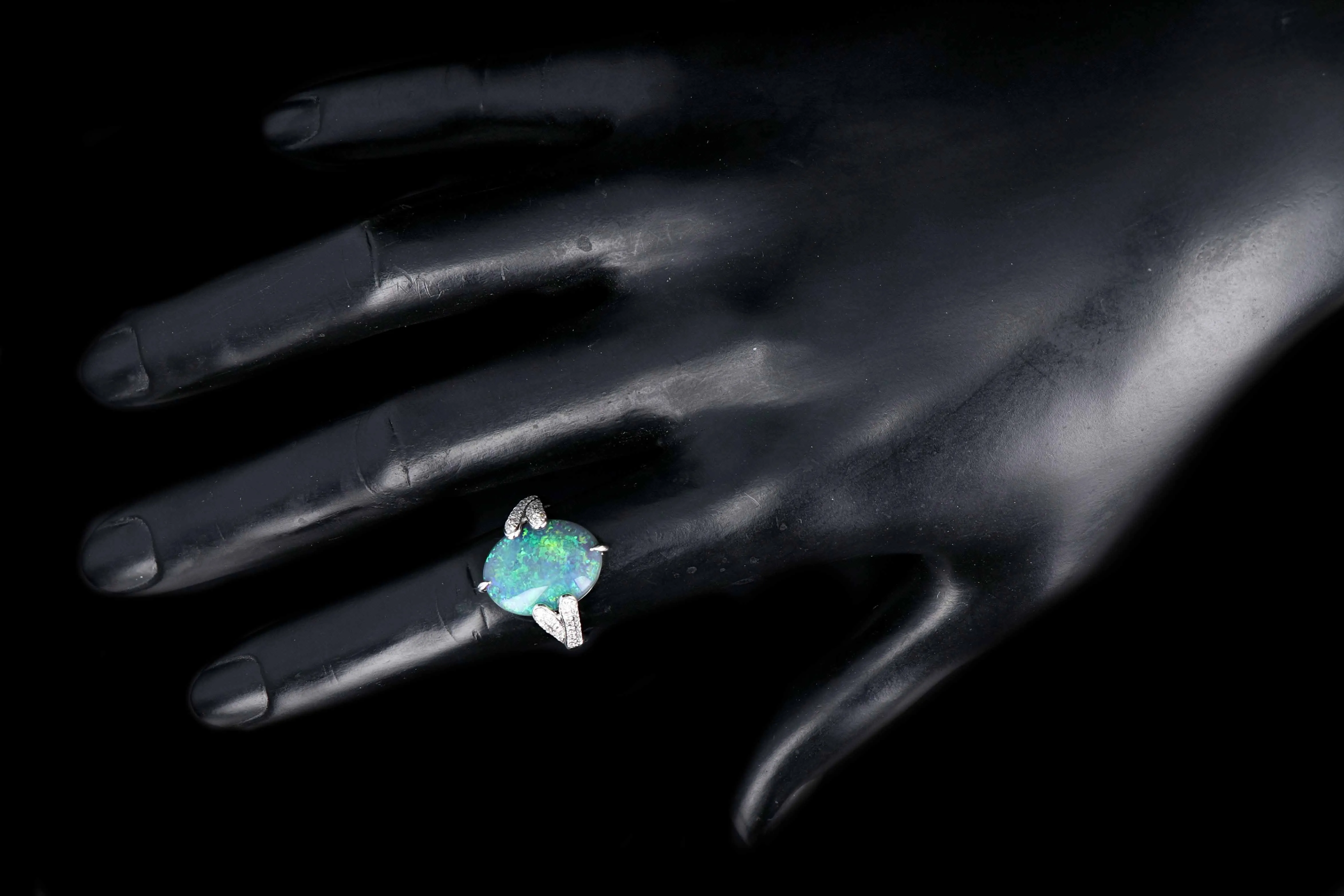Retro 18K White Gold 5.51 Carat Black Opal and Diamond Ring