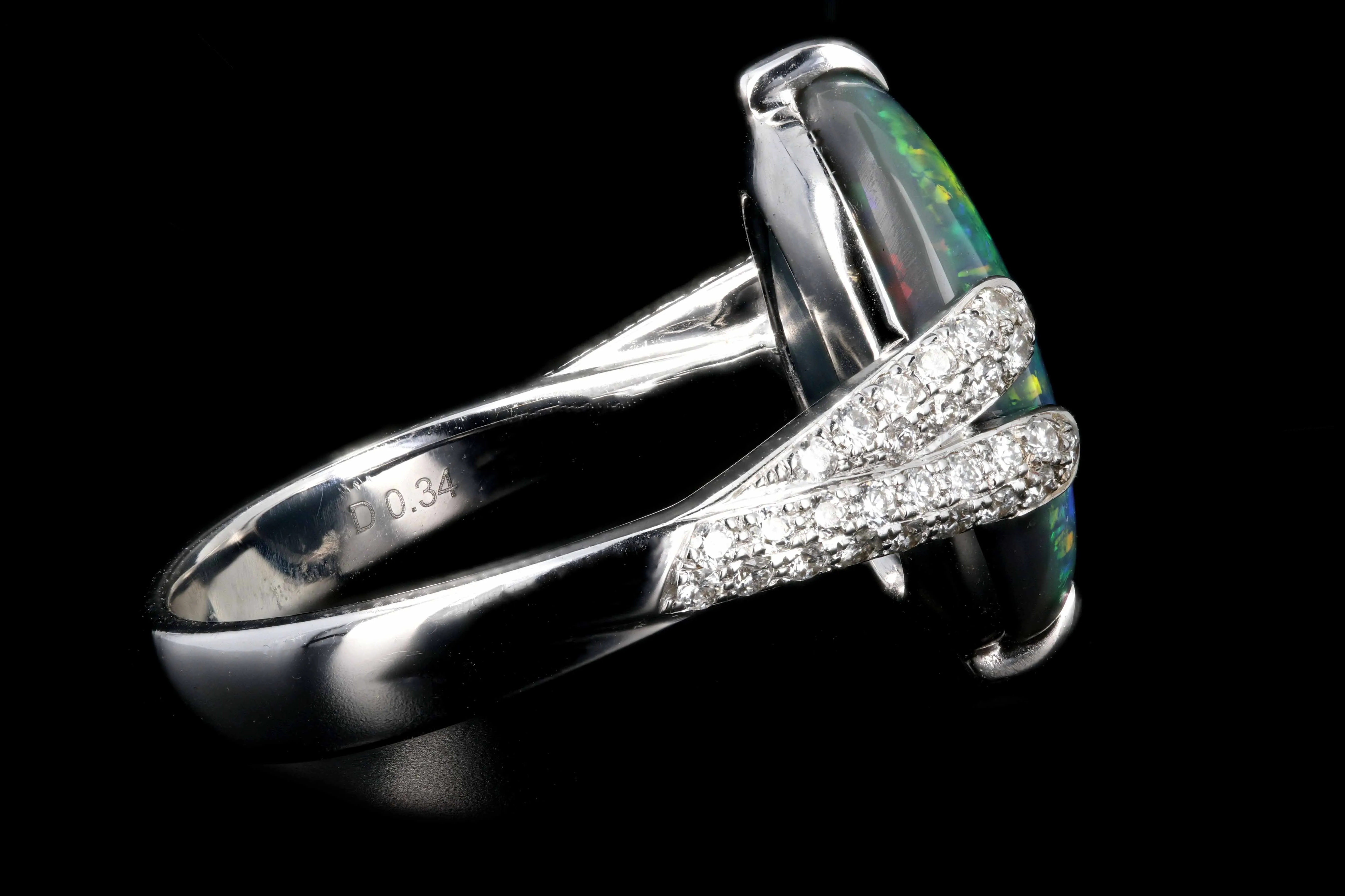 Retro 18K White Gold 5.51 Carat Black Opal and Diamond Ring