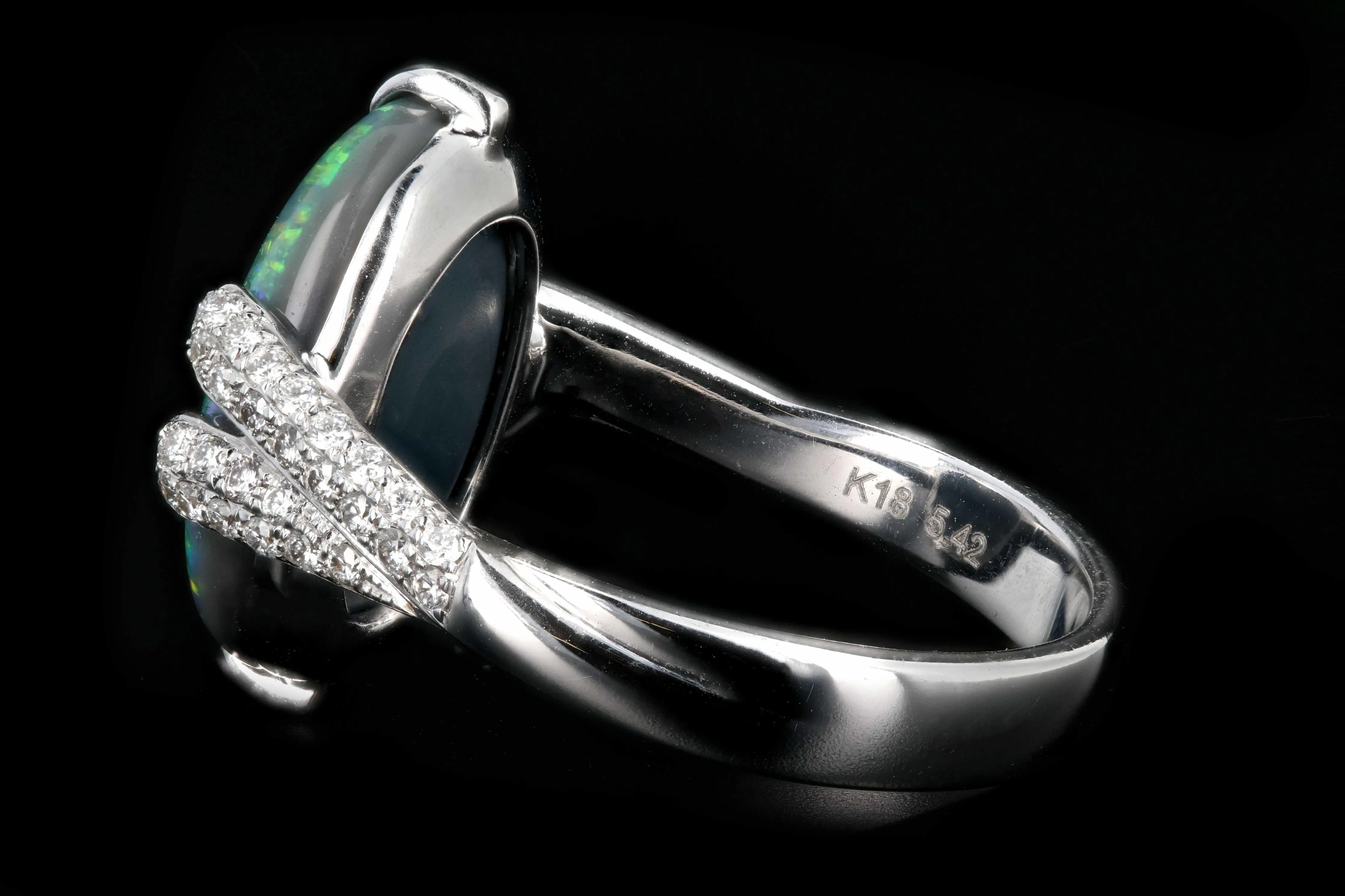 Retro 18K White Gold 5.51 Carat Black Opal and Diamond Ring
