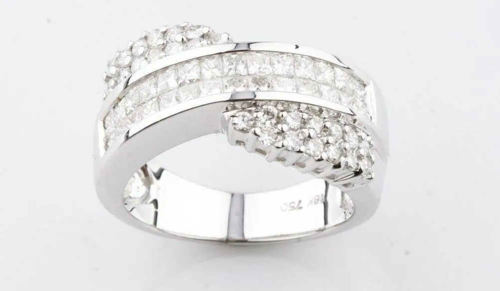 Retro 18K White Gold Princess & Round Diamond Journey Ring Beautiful Gift!