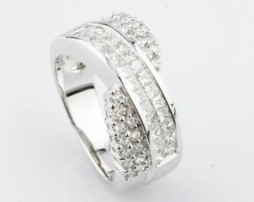 Retro 18K White Gold Princess & Round Diamond Journey Ring Beautiful Gift!