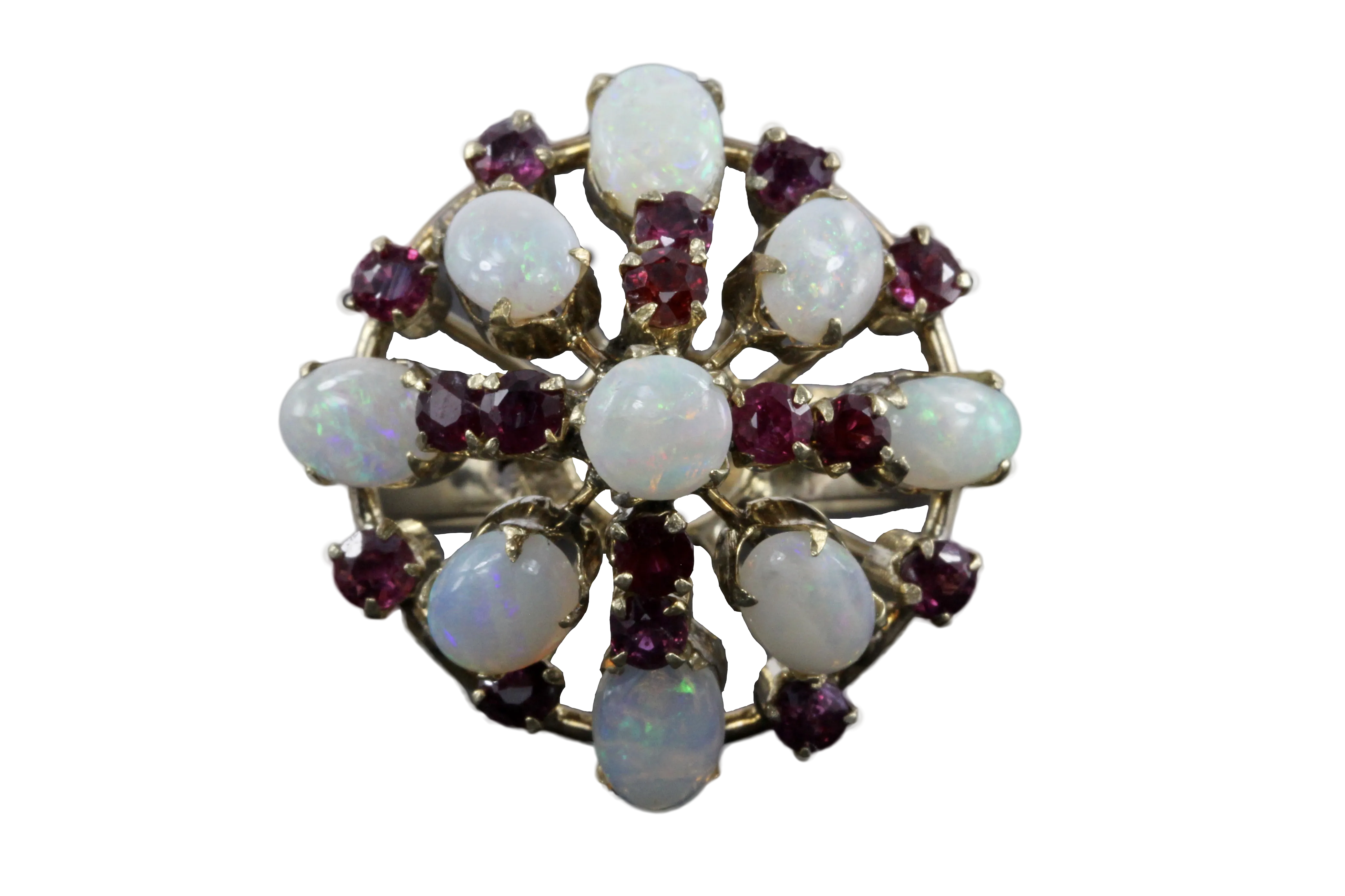 Retro 18K Yellow Gold Opal and Ruby Cocktail Ring Size 7.5