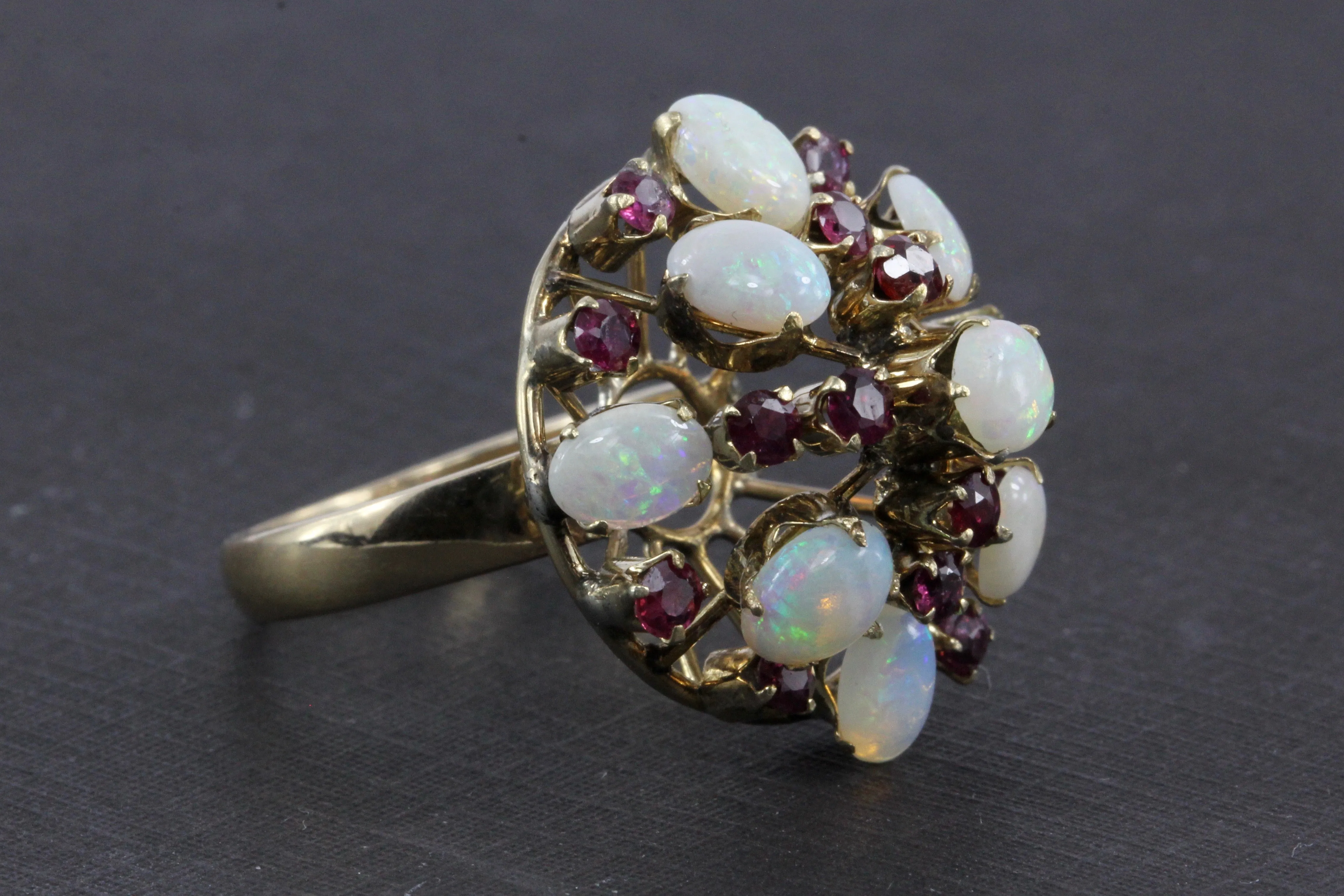 Retro 18K Yellow Gold Opal and Ruby Cocktail Ring Size 7.5