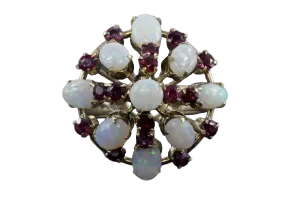 Retro 18K Yellow Gold Opal and Ruby Cocktail Ring Size 7.5