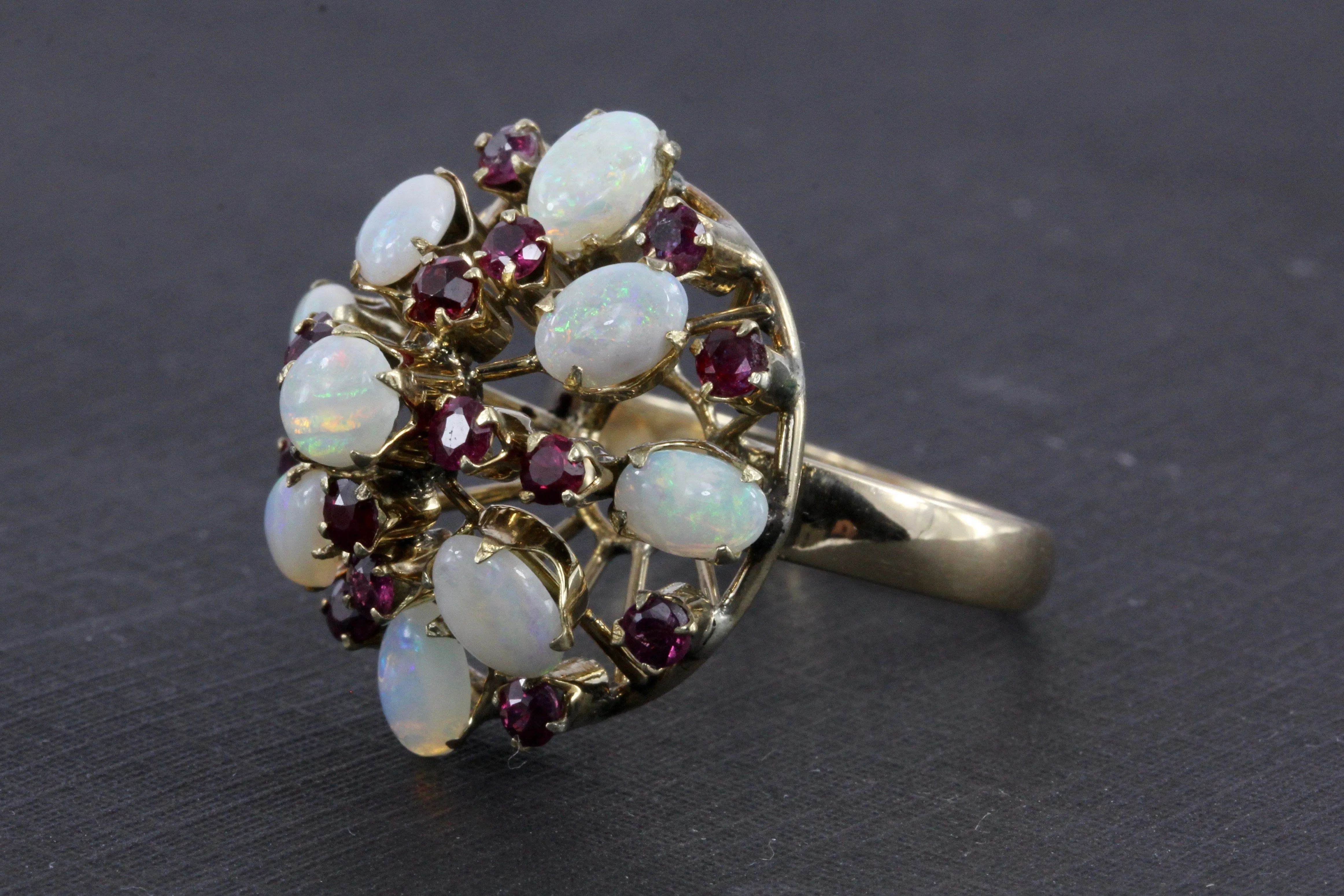 Retro 18K Yellow Gold Opal and Ruby Cocktail Ring Size 7.5