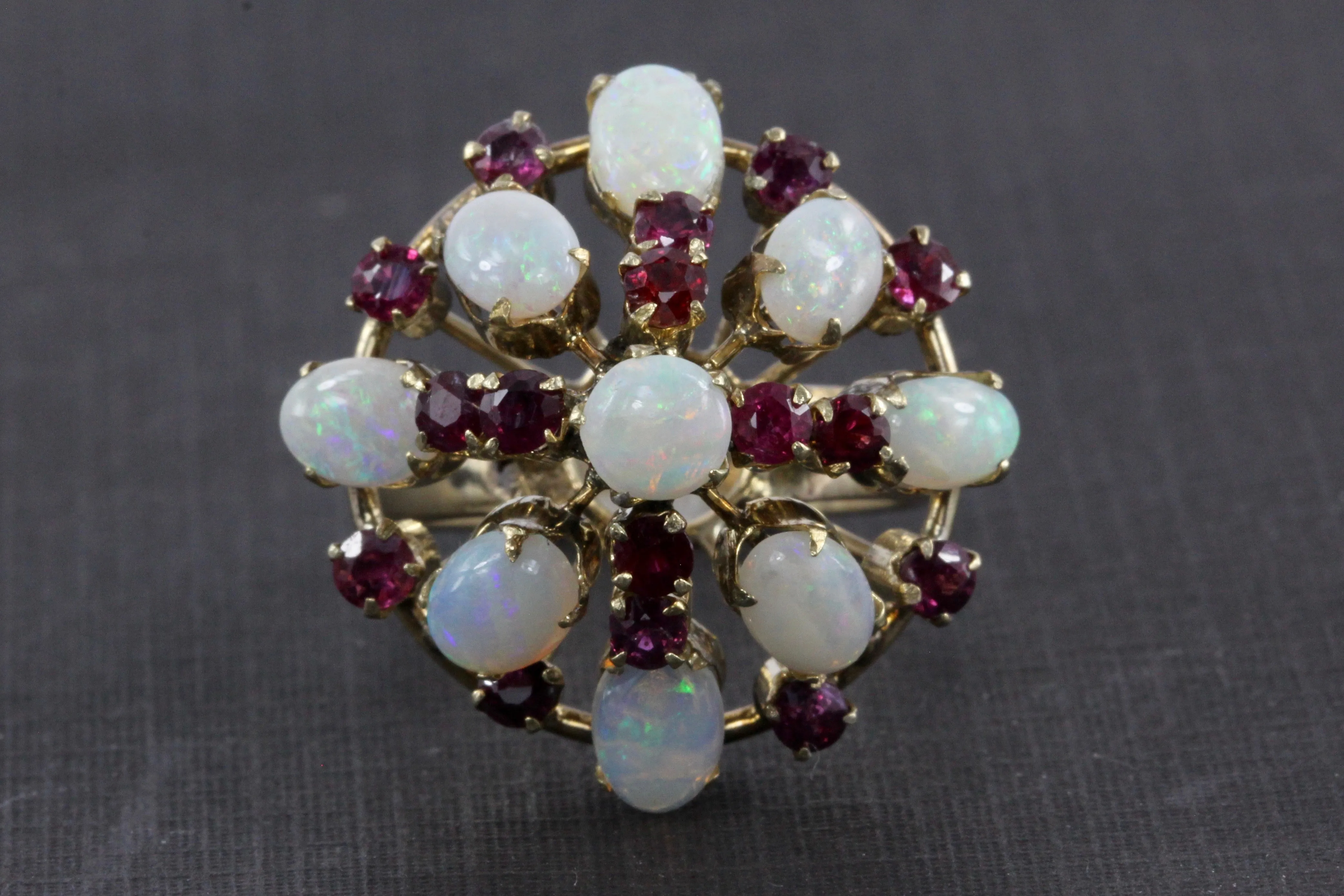Retro 18K Yellow Gold Opal and Ruby Cocktail Ring Size 7.5