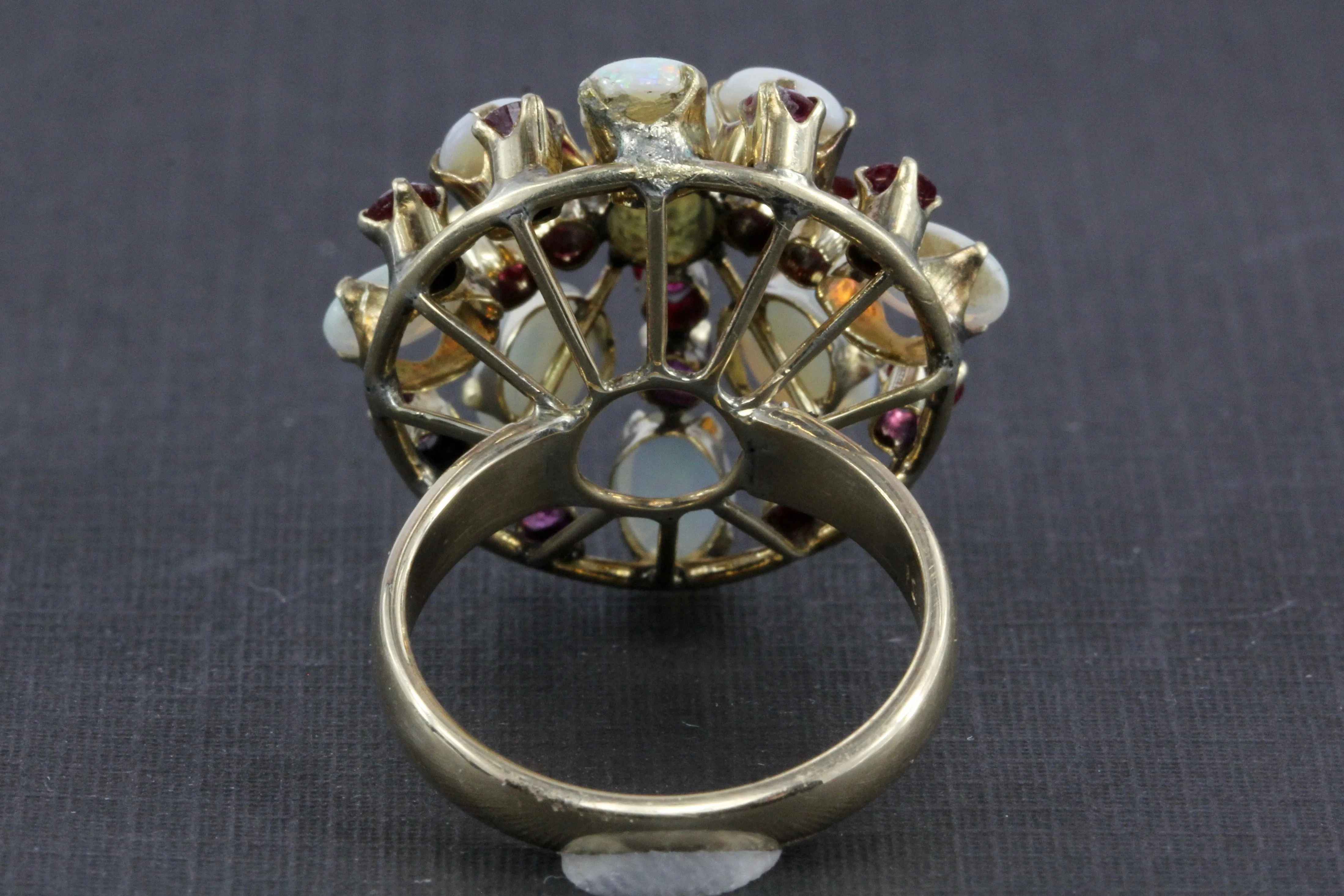 Retro 18K Yellow Gold Opal and Ruby Cocktail Ring Size 7.5