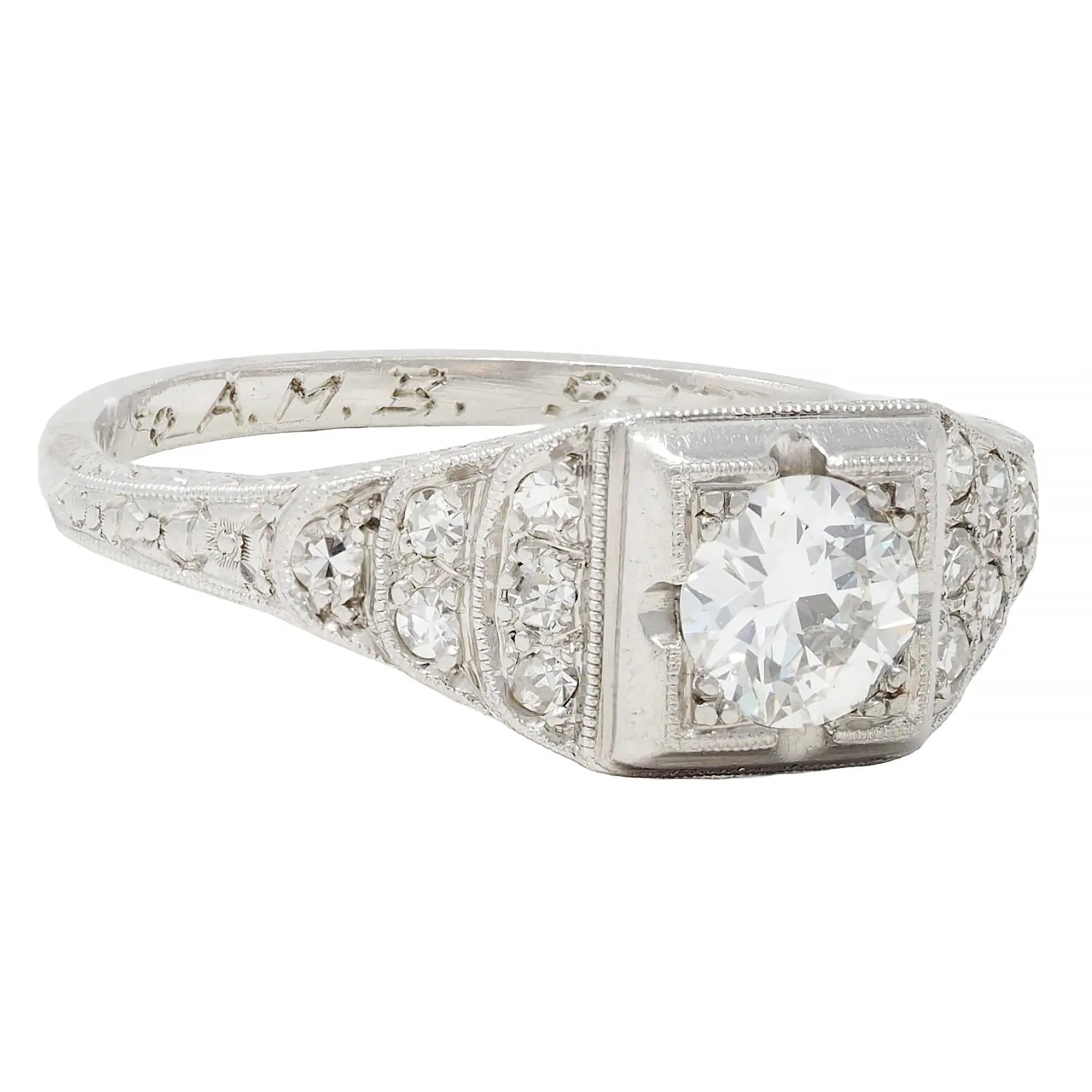 Retro 1945 0.70 CTW European Cut Diamond Platinum Vintage Stepped Engagement Ring