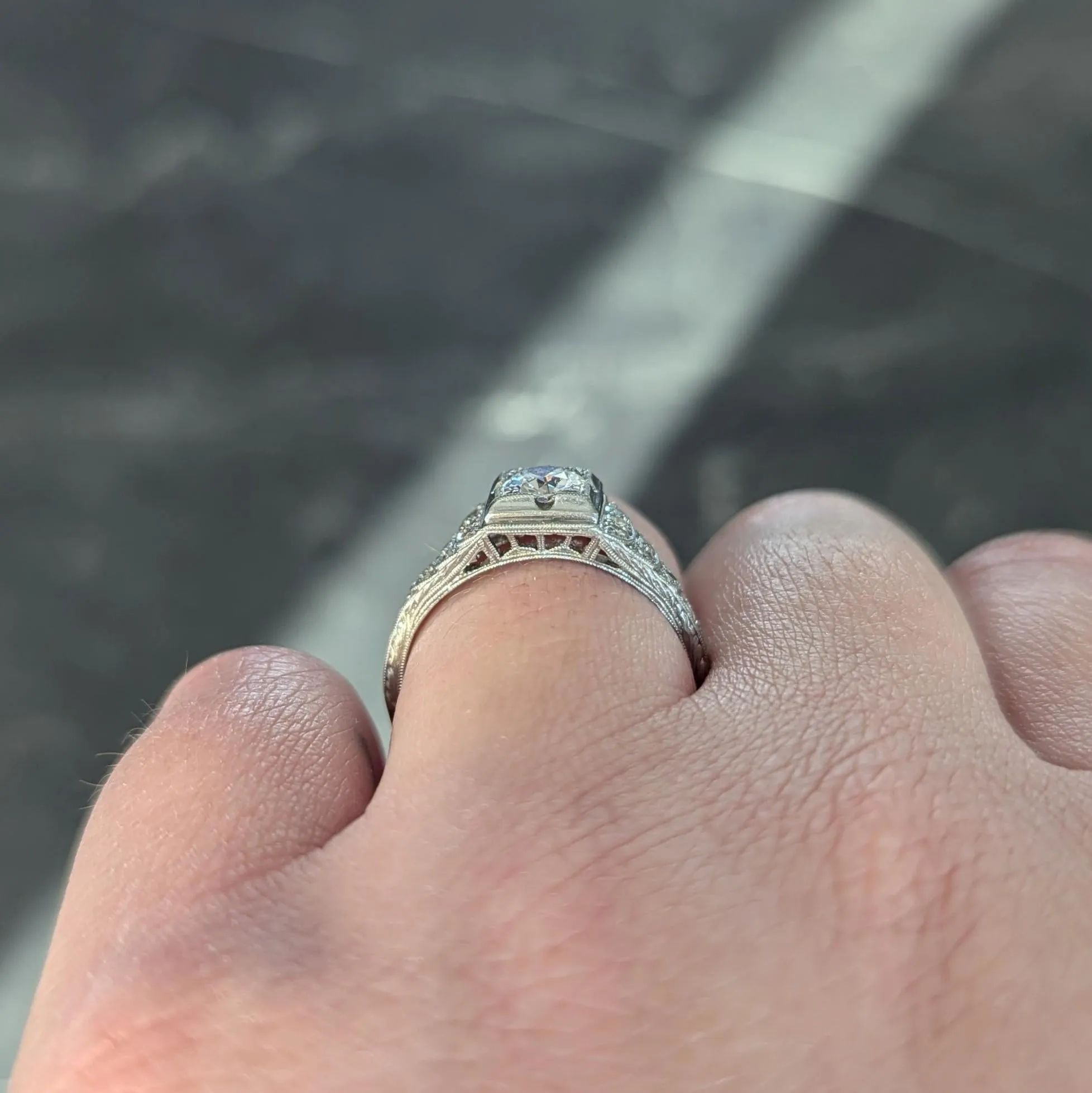 Retro 1945 0.70 CTW European Cut Diamond Platinum Vintage Stepped Engagement Ring