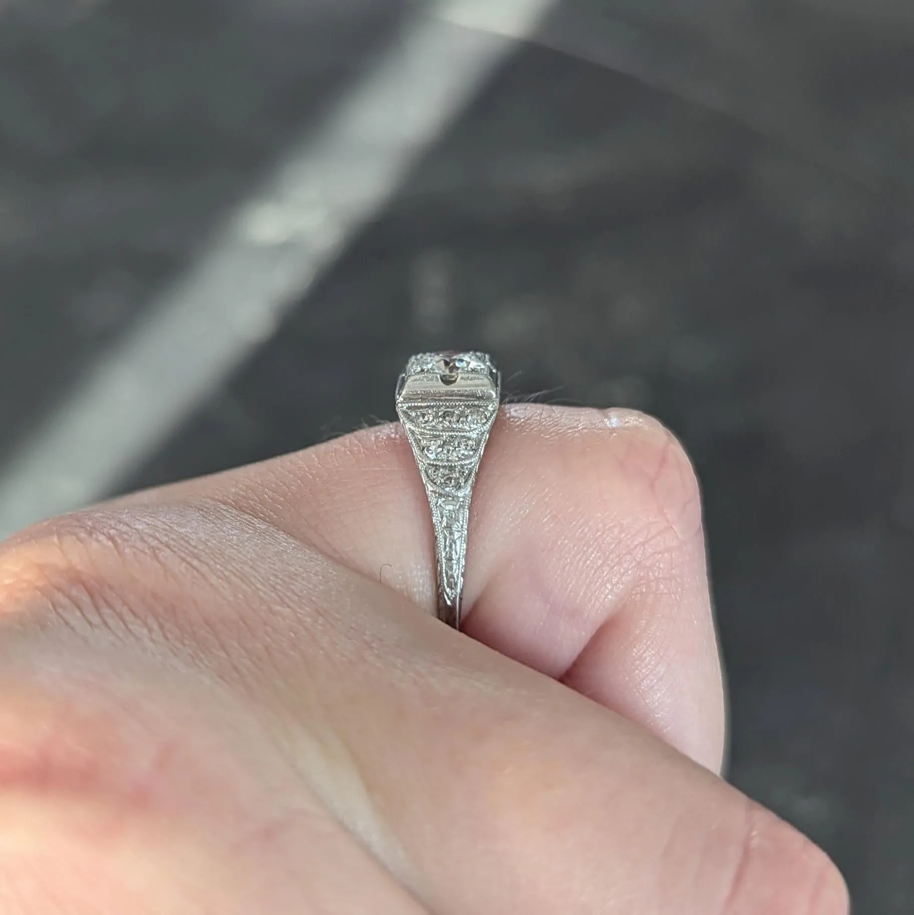 Retro 1945 0.70 CTW European Cut Diamond Platinum Vintage Stepped Engagement Ring