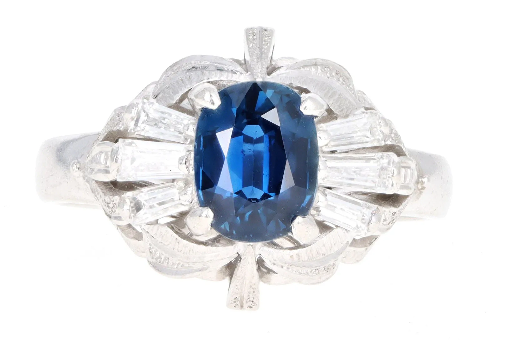 Retro Platinum 1.07 Carat Oval Natural Sapphire & Diamond Fan Ring