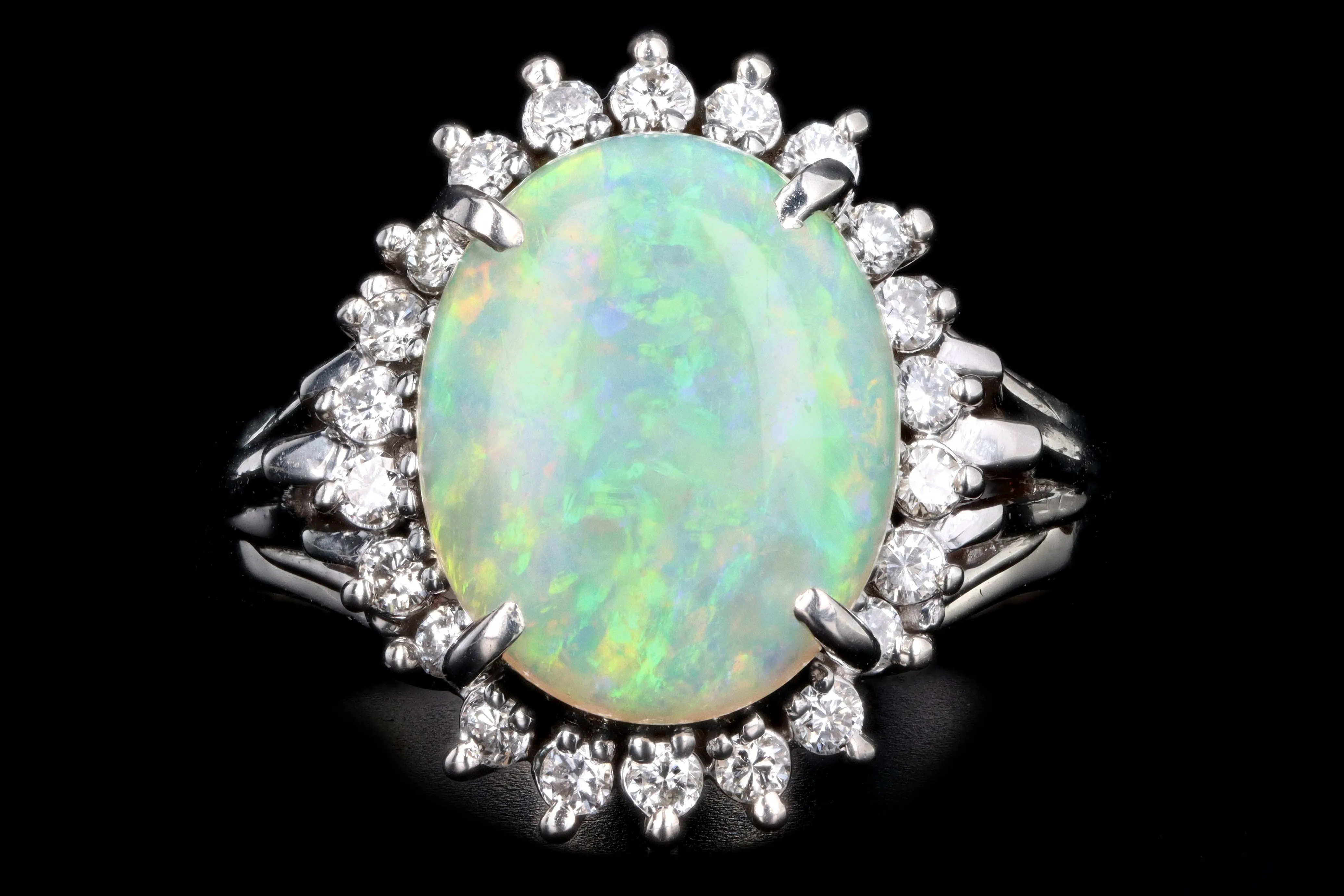 Retro Platinum 1.83 Carat Oval Cabochon Cut Opal & Diamond Ring