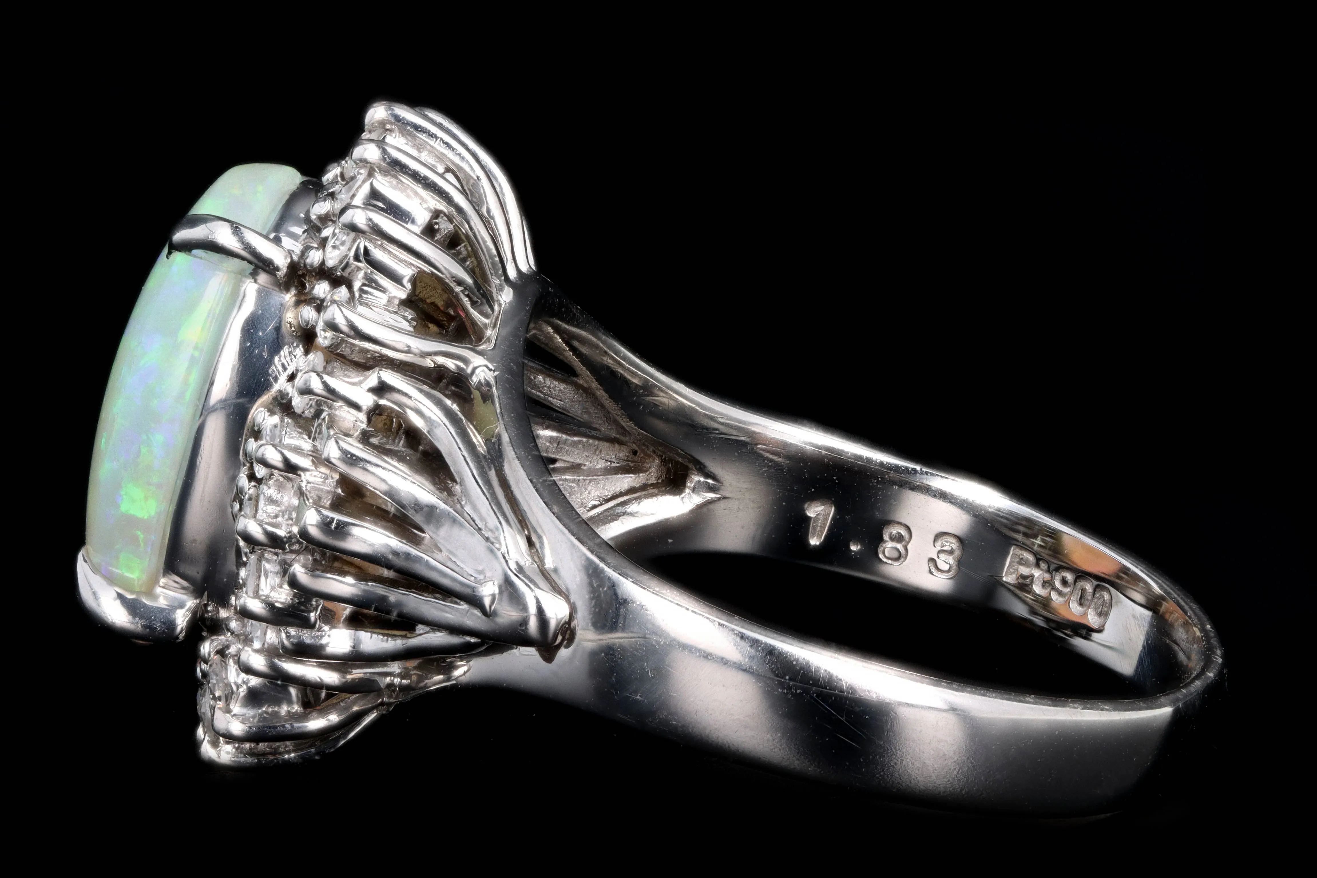 Retro Platinum 1.83 Carat Oval Cabochon Cut Opal & Diamond Ring
