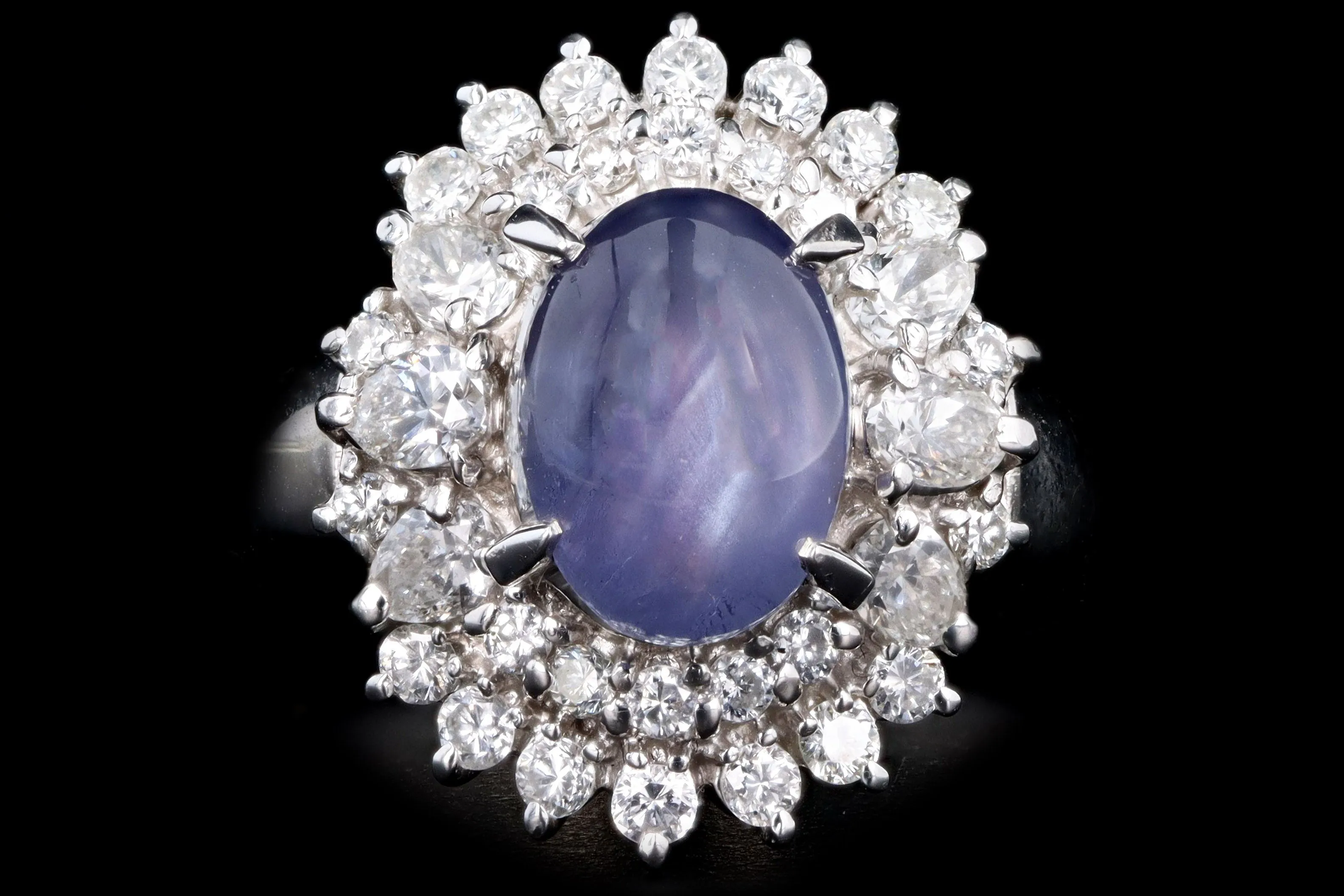 Retro Platinum 2.63 Carat Oval Cabochon Cut Natural Star Sapphire & Diamond Ballerina Ring
