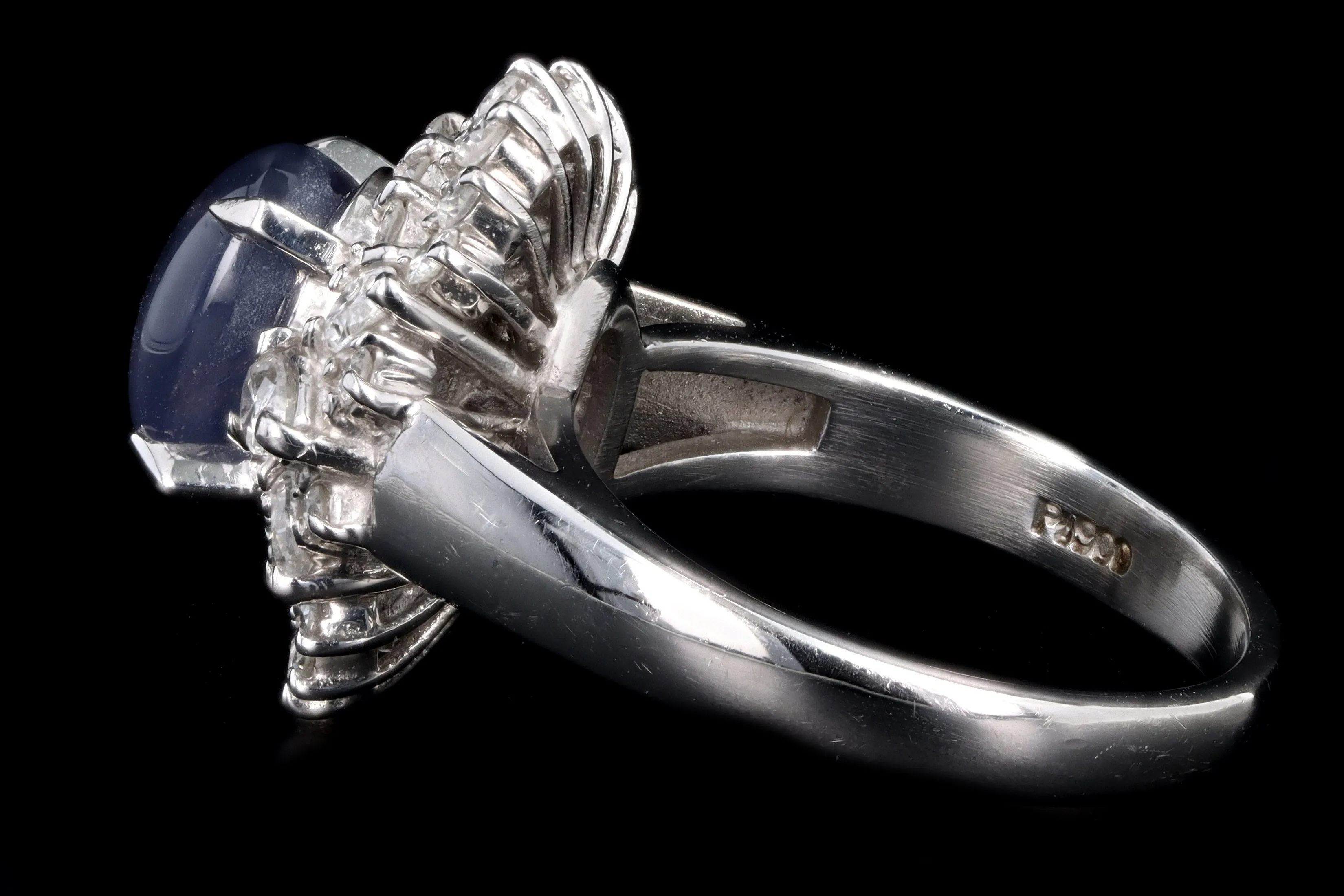 Retro Platinum 2.63 Carat Oval Cabochon Cut Natural Star Sapphire & Diamond Ballerina Ring