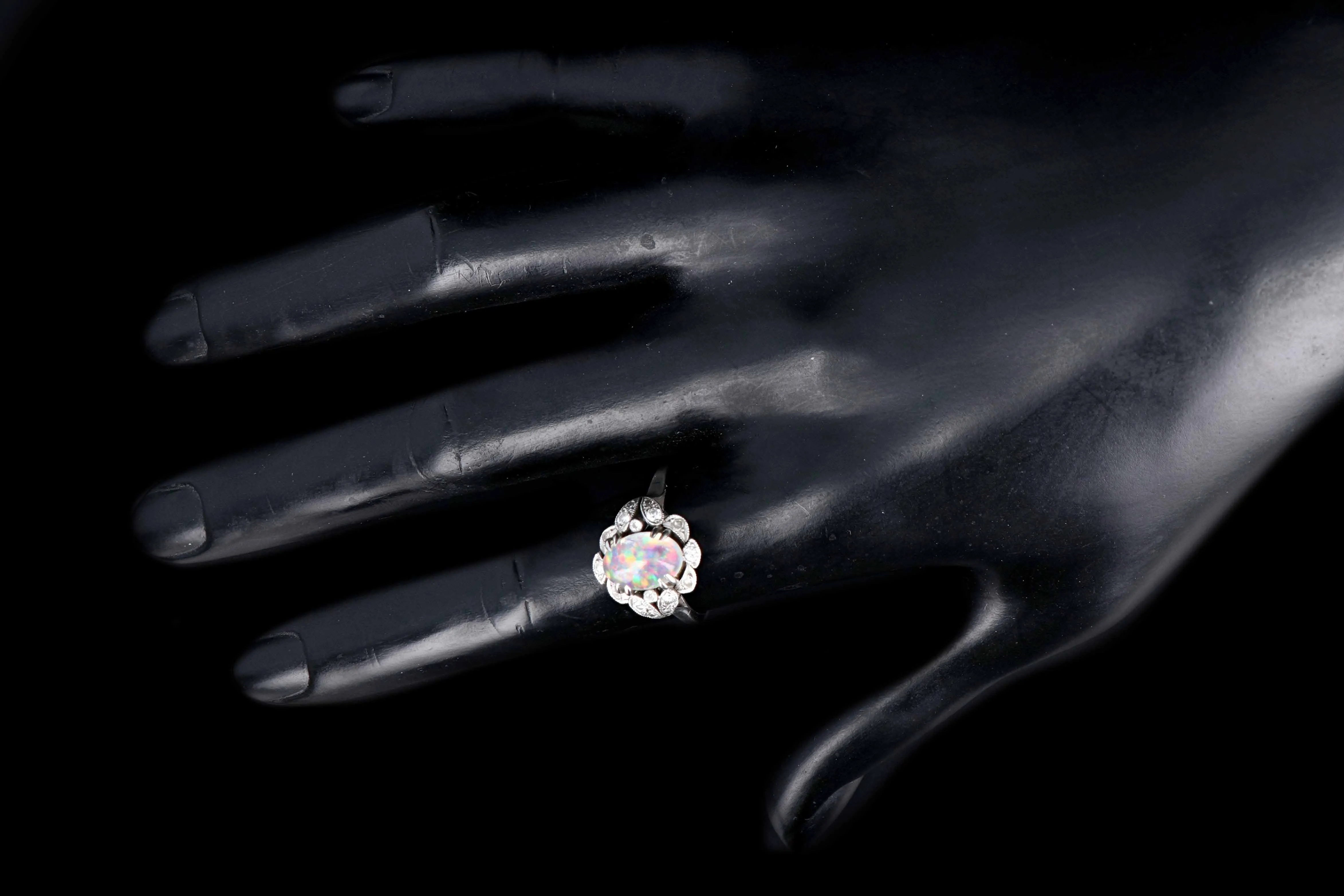 Retro Platinum 3 Carat Opal and Diamond Flower Ring