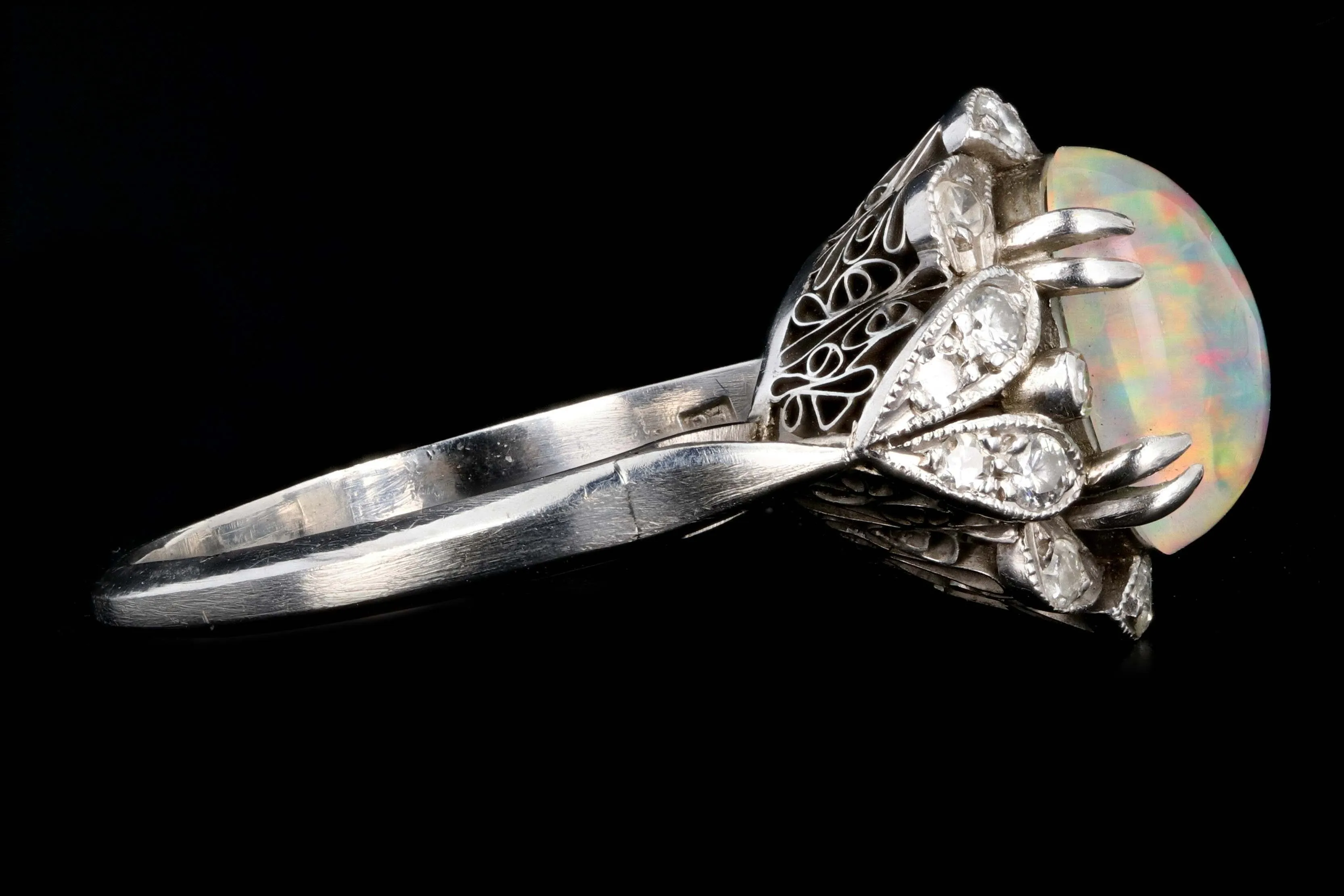 Retro Platinum 3 Carat Opal and Diamond Flower Ring