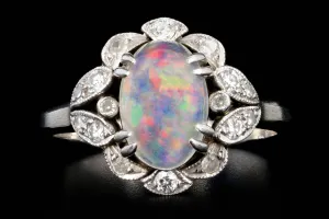 Retro Platinum 3 Carat Opal and Diamond Flower Ring