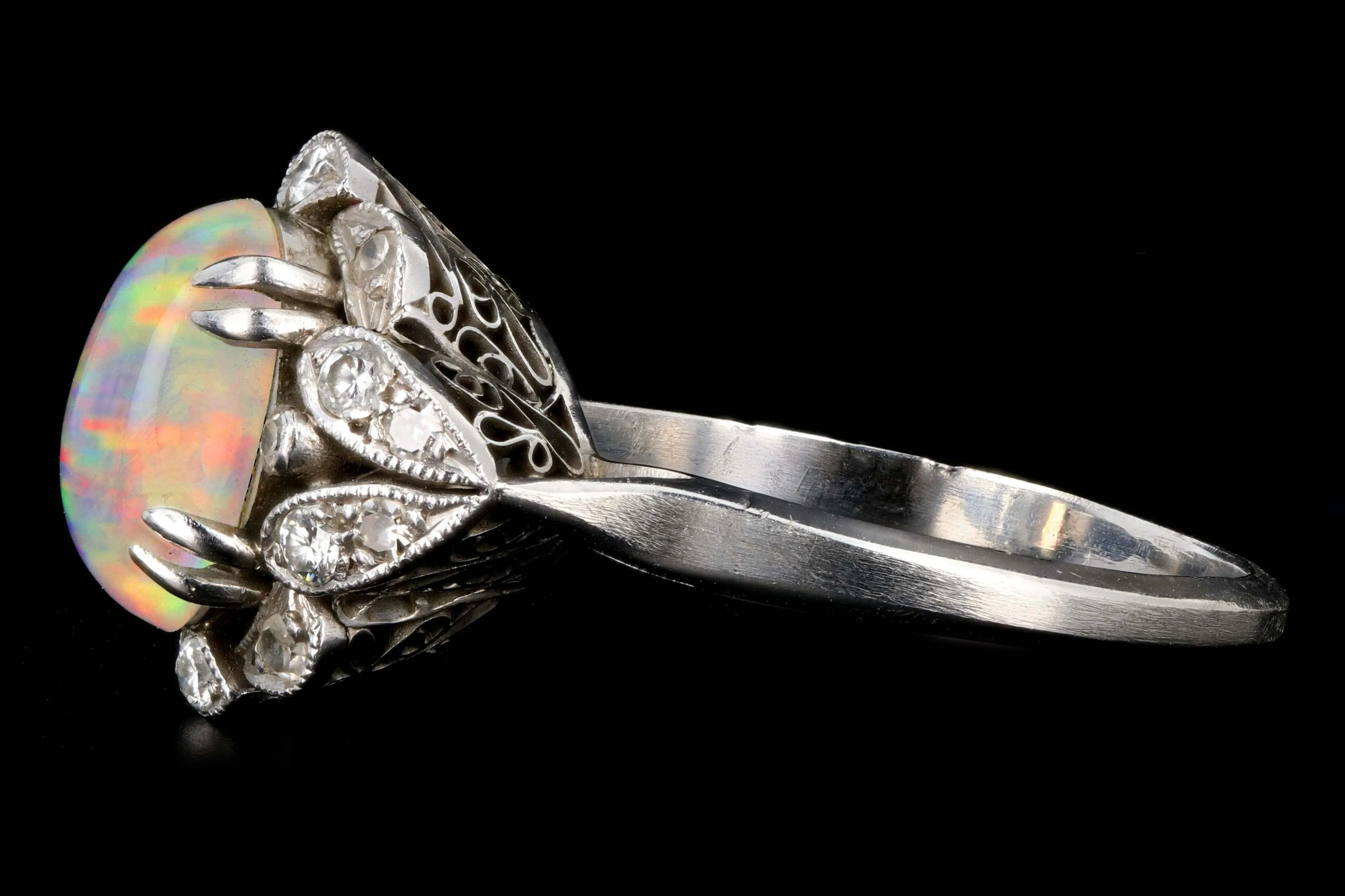 Retro Platinum 3 Carat Opal and Diamond Flower Ring