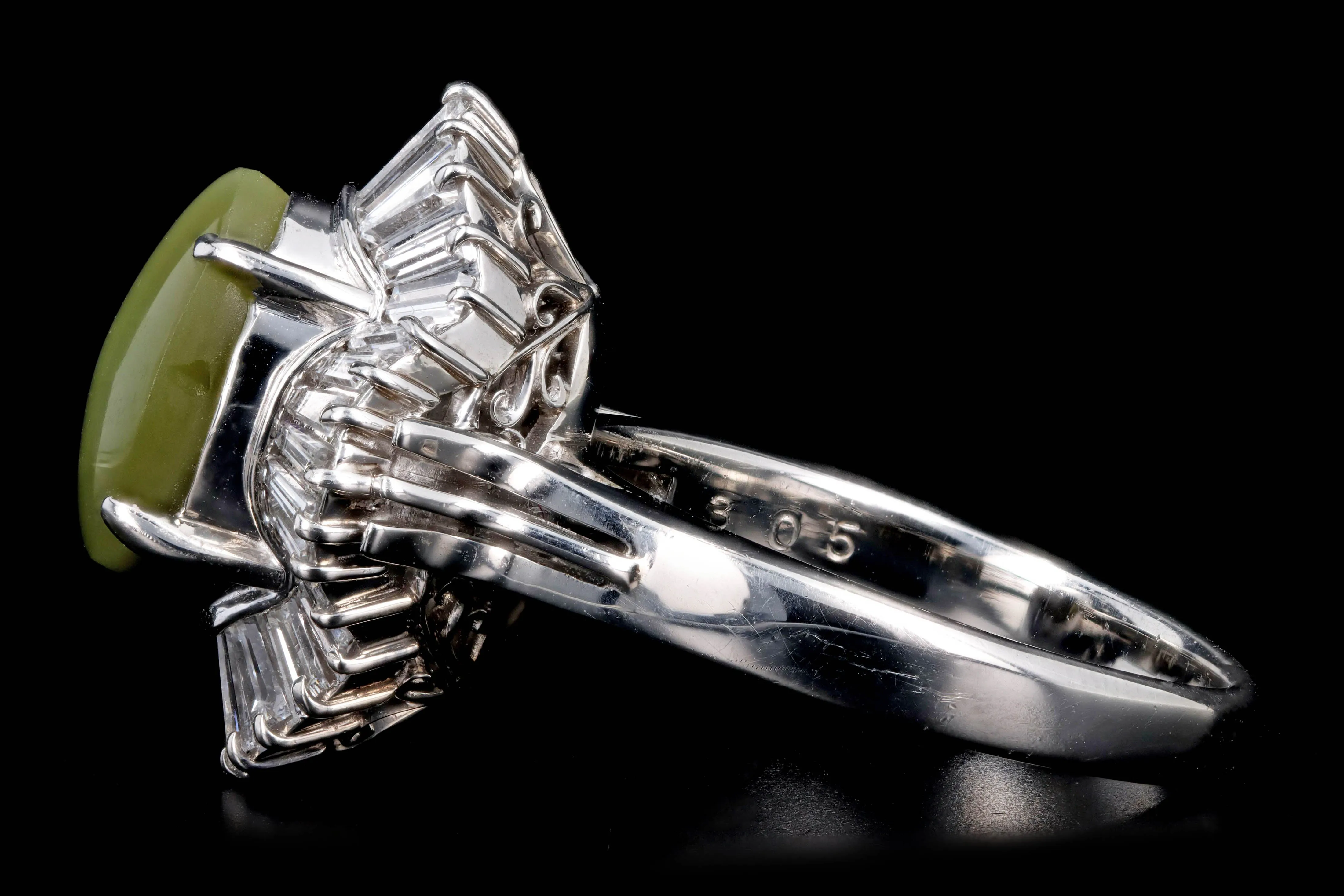 Retro Platinum 3.05 Carat Cat's Eye Chrysoberyl & Baguette Diamond Fan Ring