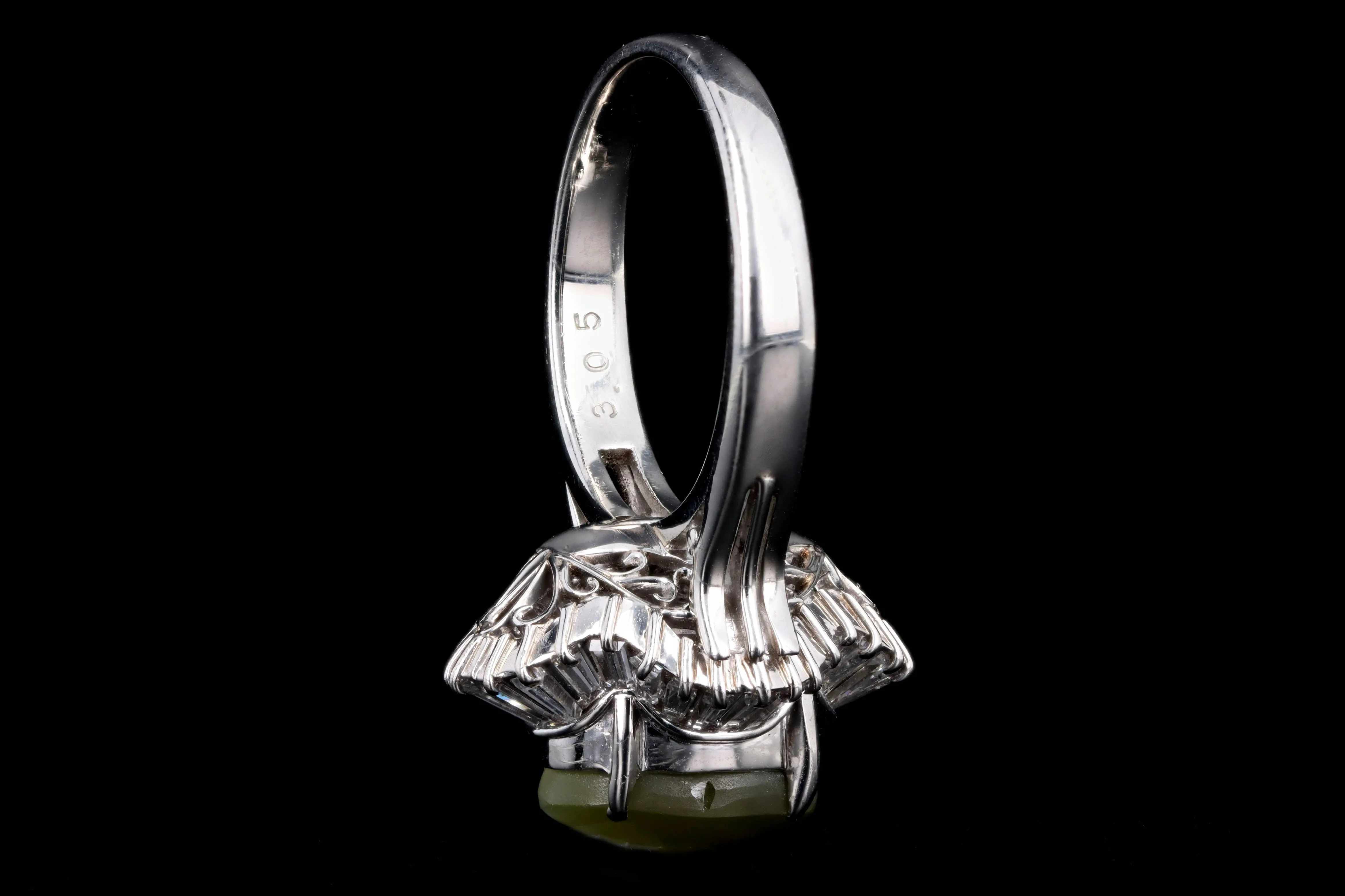 Retro Platinum 3.05 Carat Cat's Eye Chrysoberyl & Baguette Diamond Fan Ring