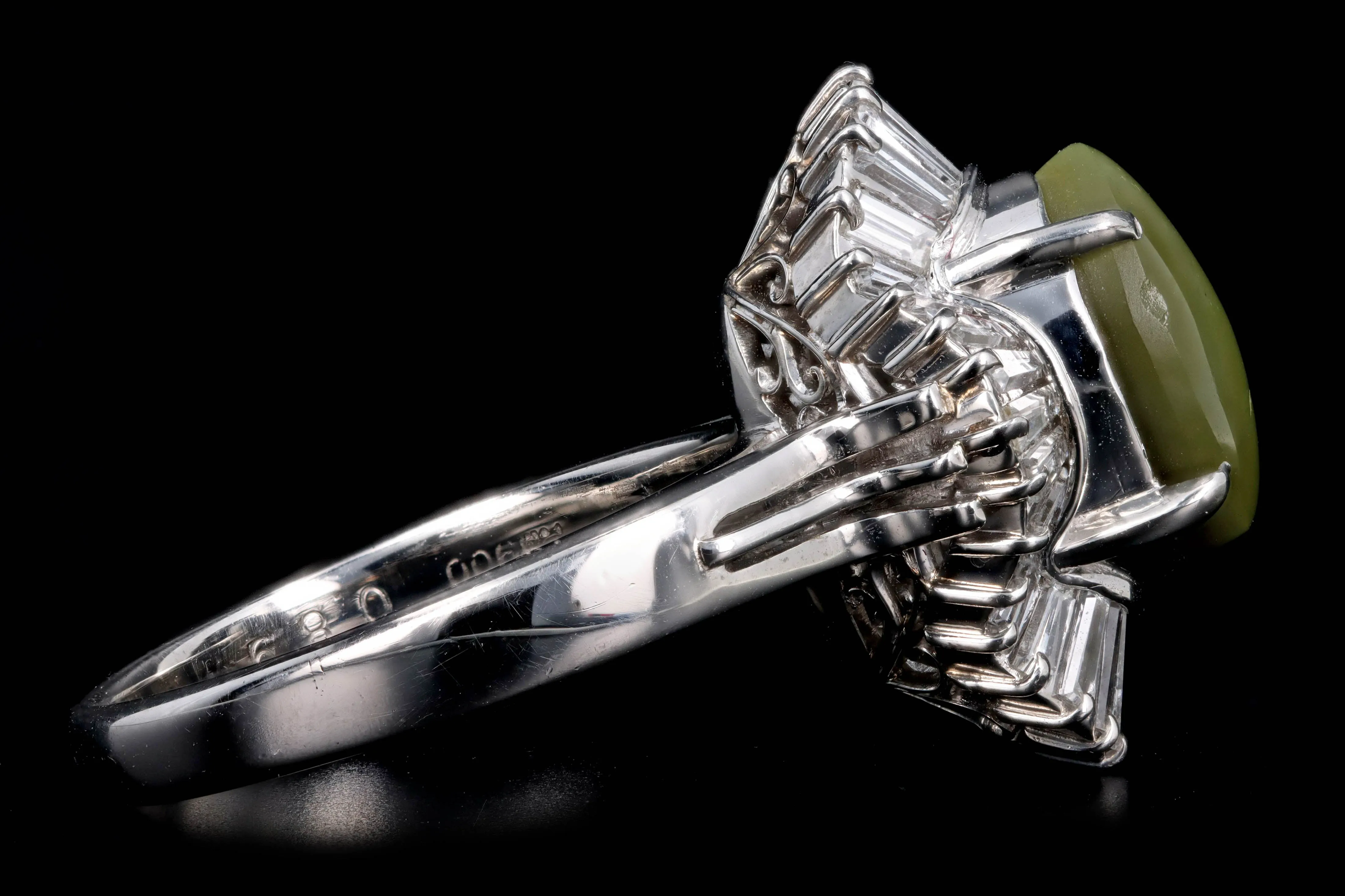 Retro Platinum 3.05 Carat Cat's Eye Chrysoberyl & Baguette Diamond Fan Ring