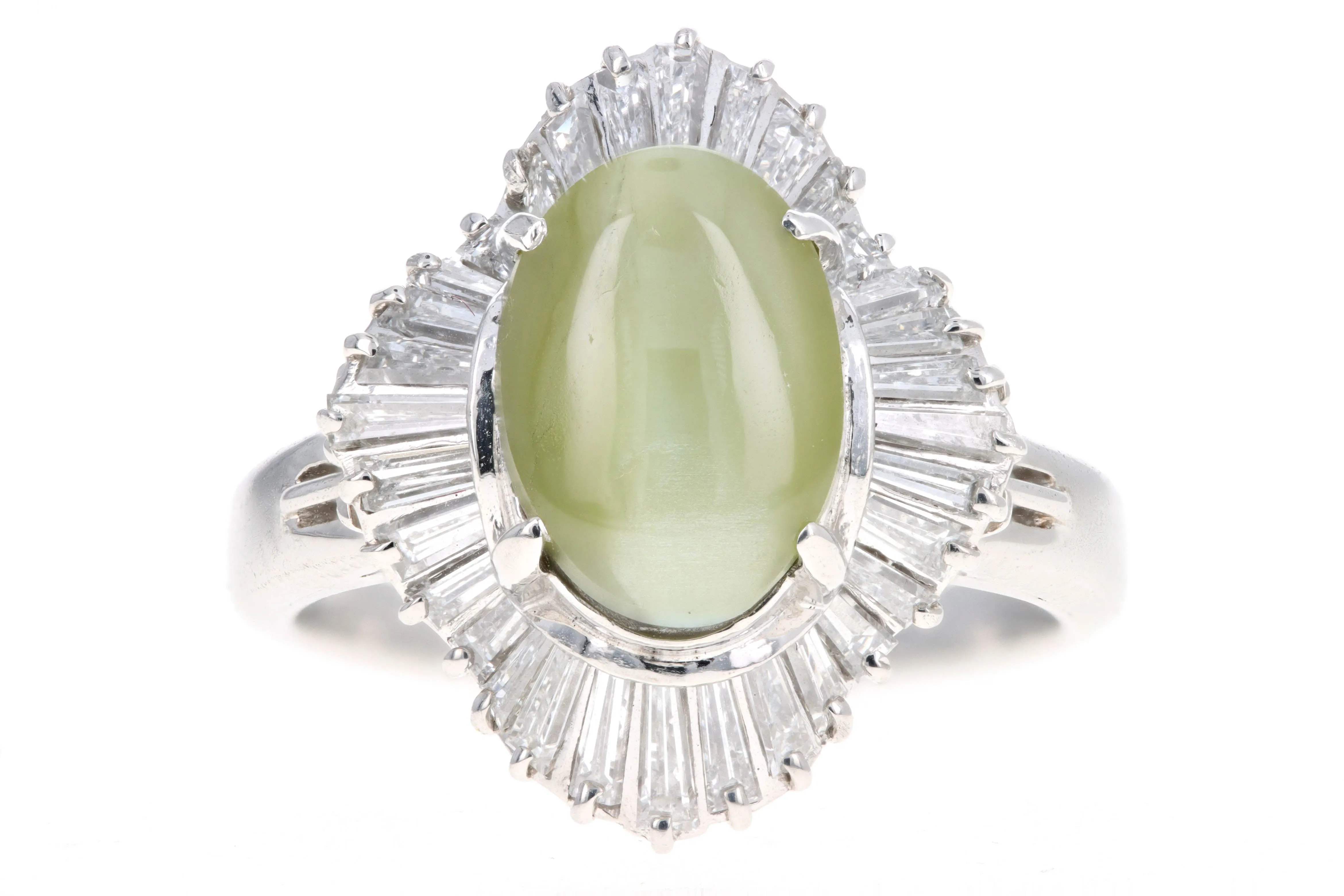 Retro Platinum 3.05 Carat Cat's Eye Chrysoberyl & Baguette Diamond Fan Ring