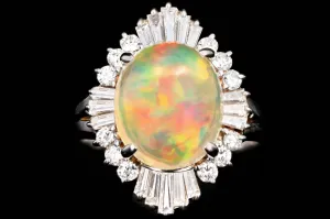 Retro Platinum 4.45 Carat Jelly Opal and Diamond Ring