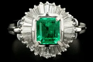 Retro Platinum .74 Carat Natural Emerald & Diamond Ballerina Ring