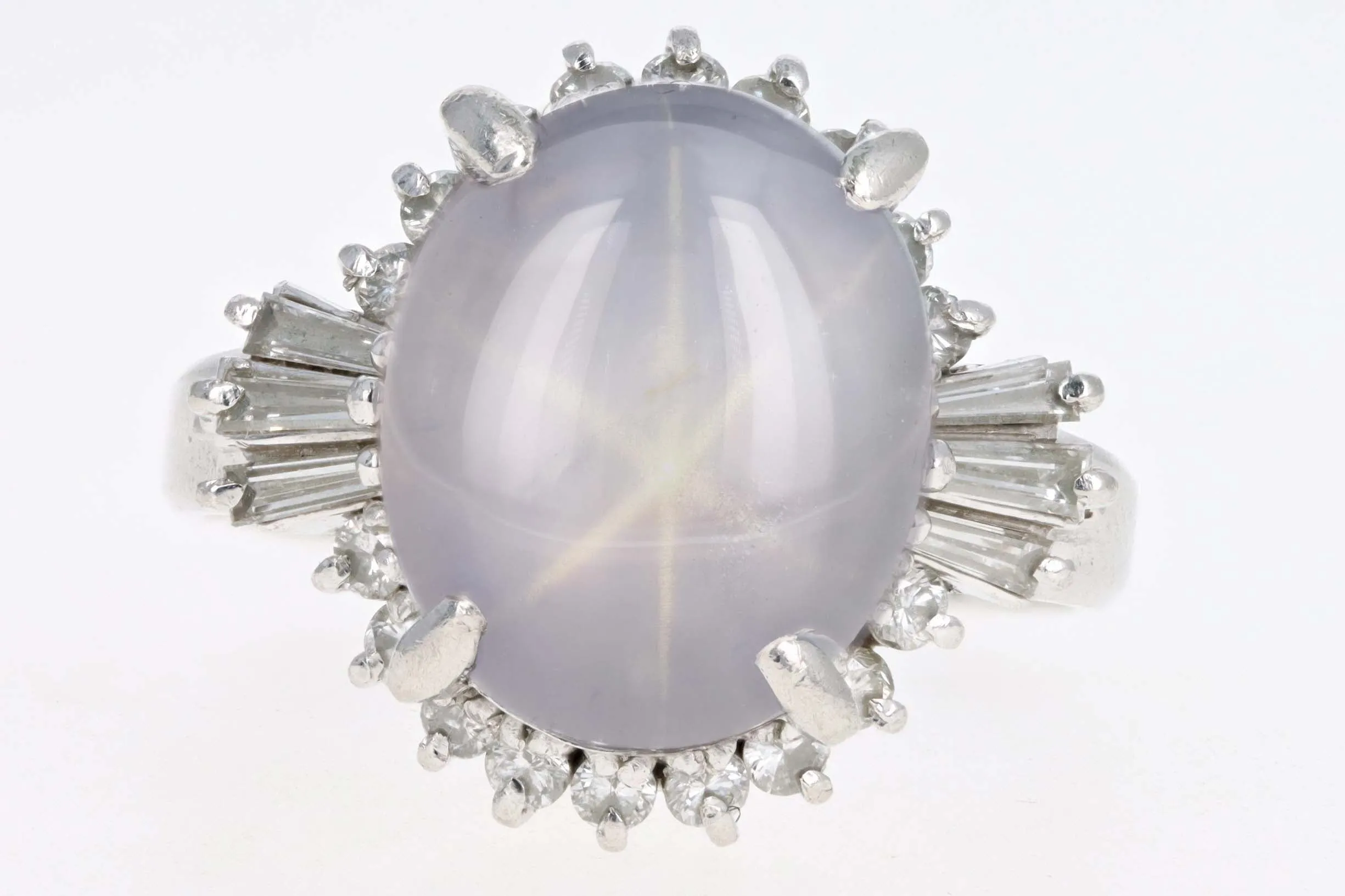 Retro Platinum 7.71 Carat Natural Star Sapphire & Diamond Fan Ring