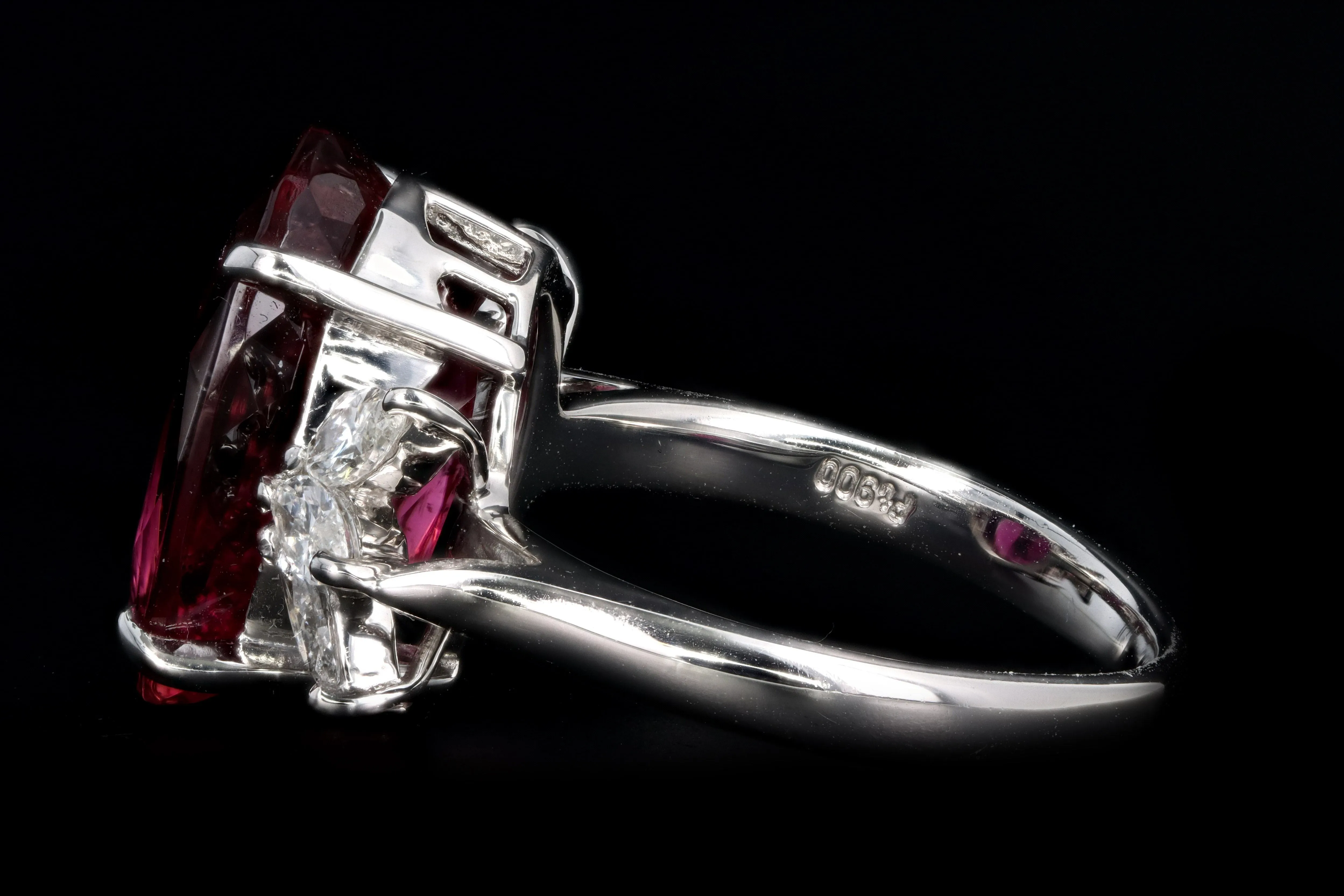 Retro Platinum 8.78 Carat Oval Rubellite Tourmaline & Diamond Ring