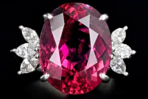 Retro Platinum 8.78 Carat Oval Rubellite Tourmaline & Diamond Ring