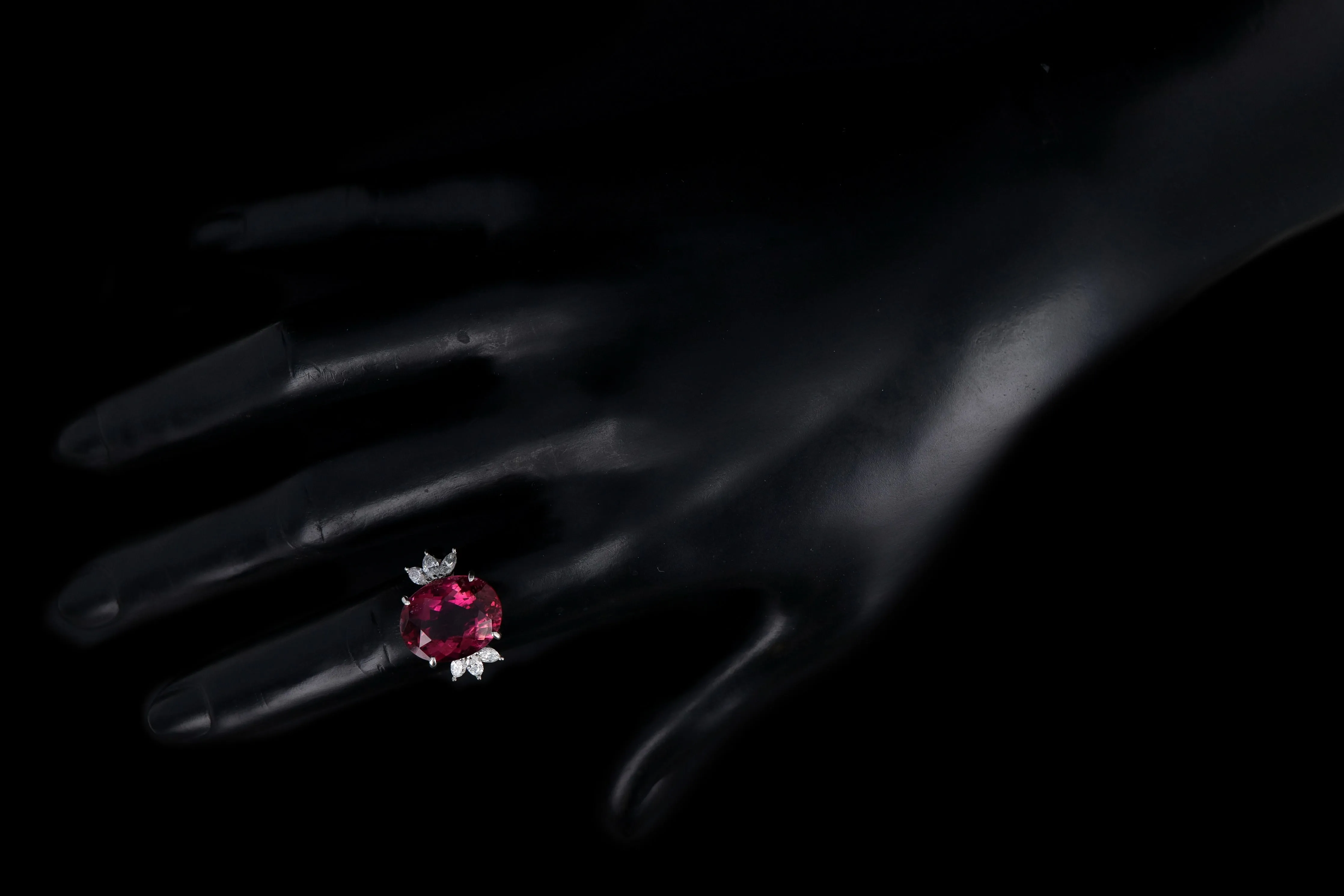 Retro Platinum 8.78 Carat Oval Rubellite Tourmaline & Diamond Ring