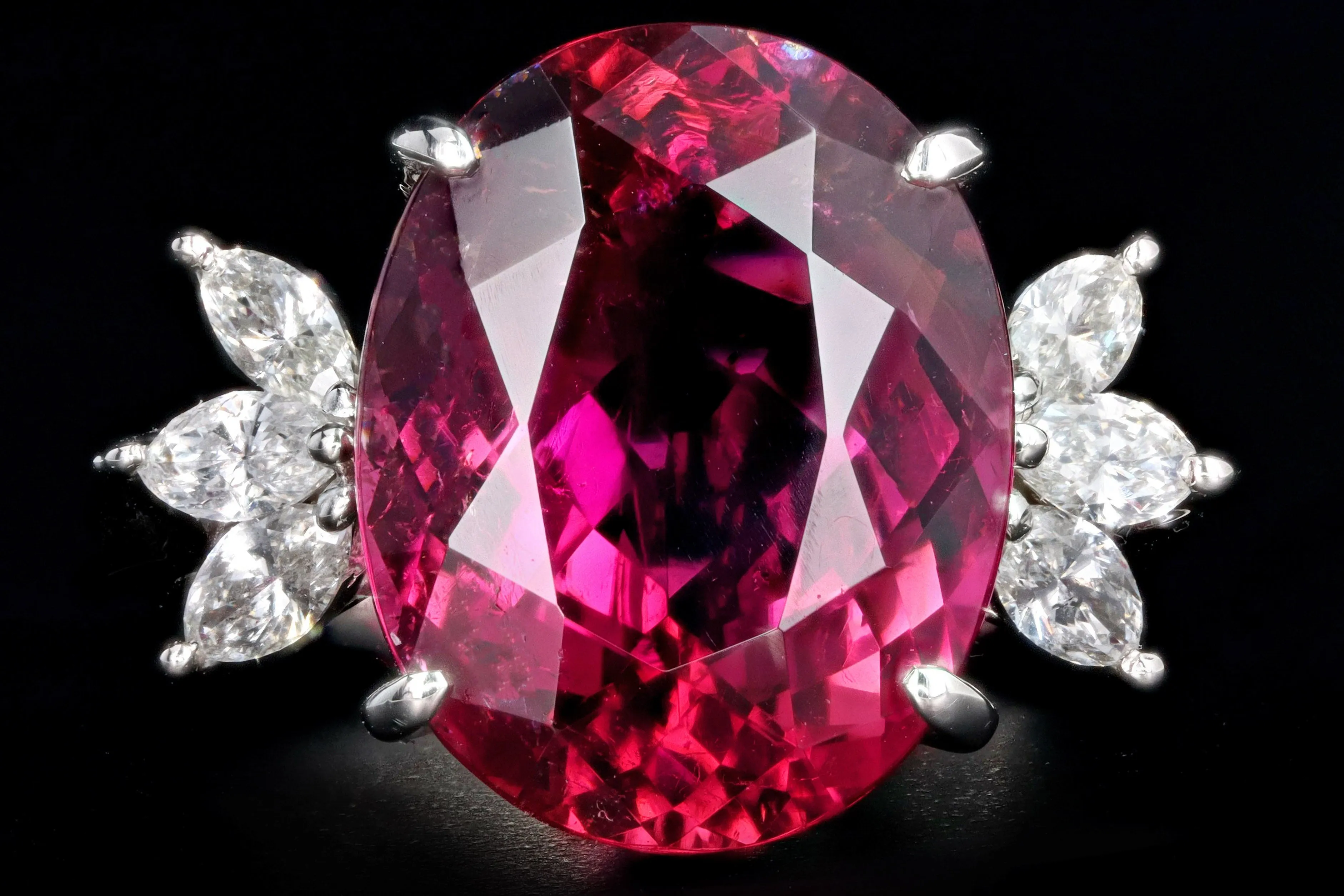 Retro Platinum 8.78 Carat Oval Rubellite Tourmaline & Diamond Ring