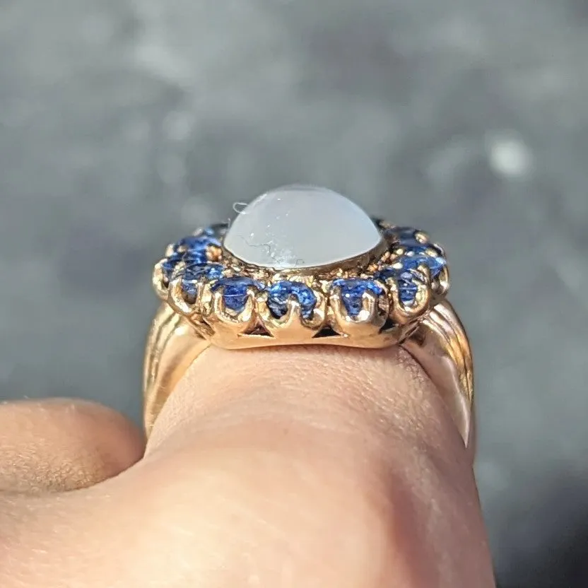 Retro Sapphire Moonstone 14 Karat Gold Vintage Halo Ring