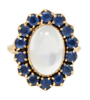 Retro Sapphire Moonstone 14 Karat Gold Vintage Halo Ring
