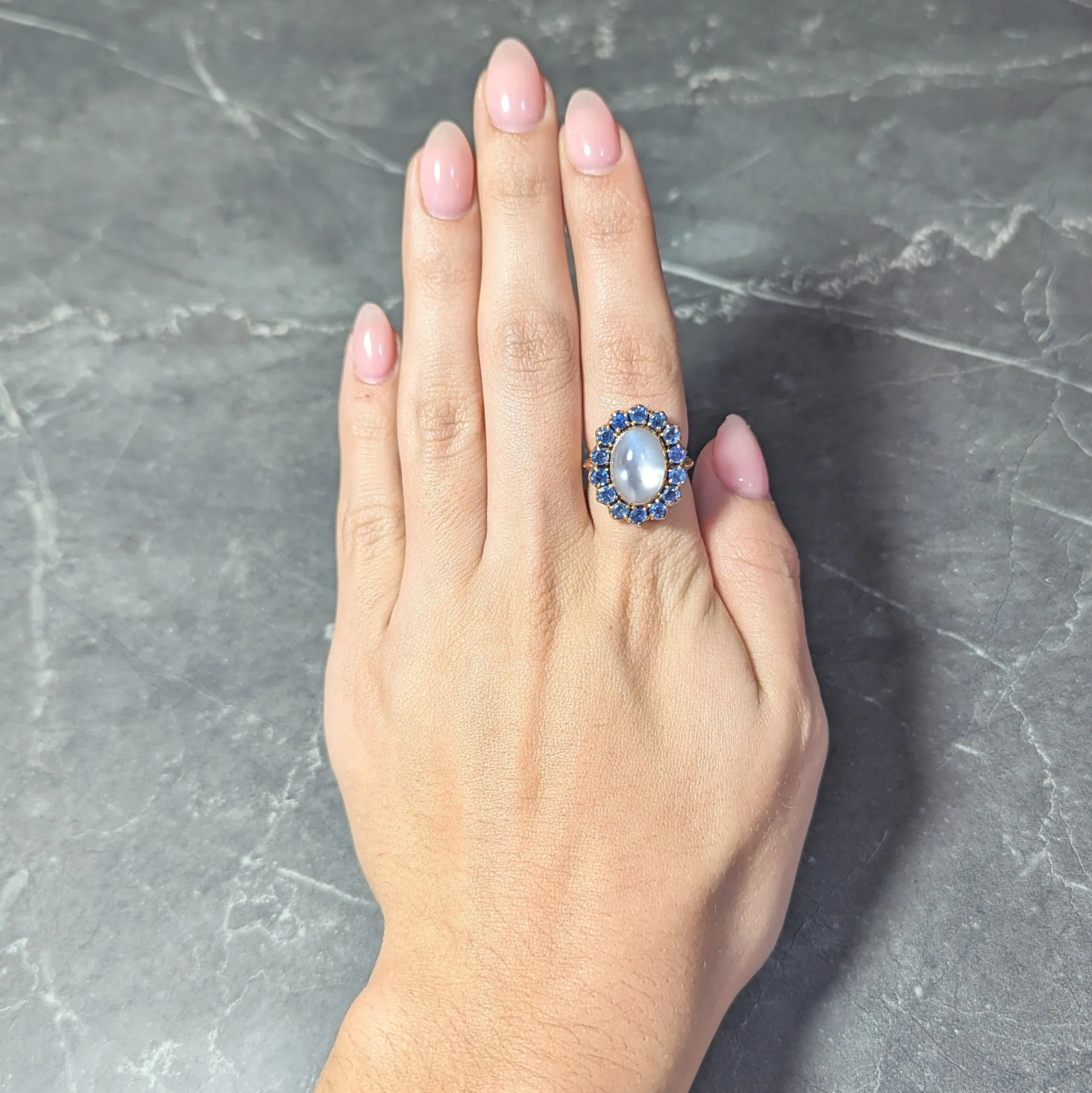 Retro Sapphire Moonstone 14 Karat Gold Vintage Halo Ring